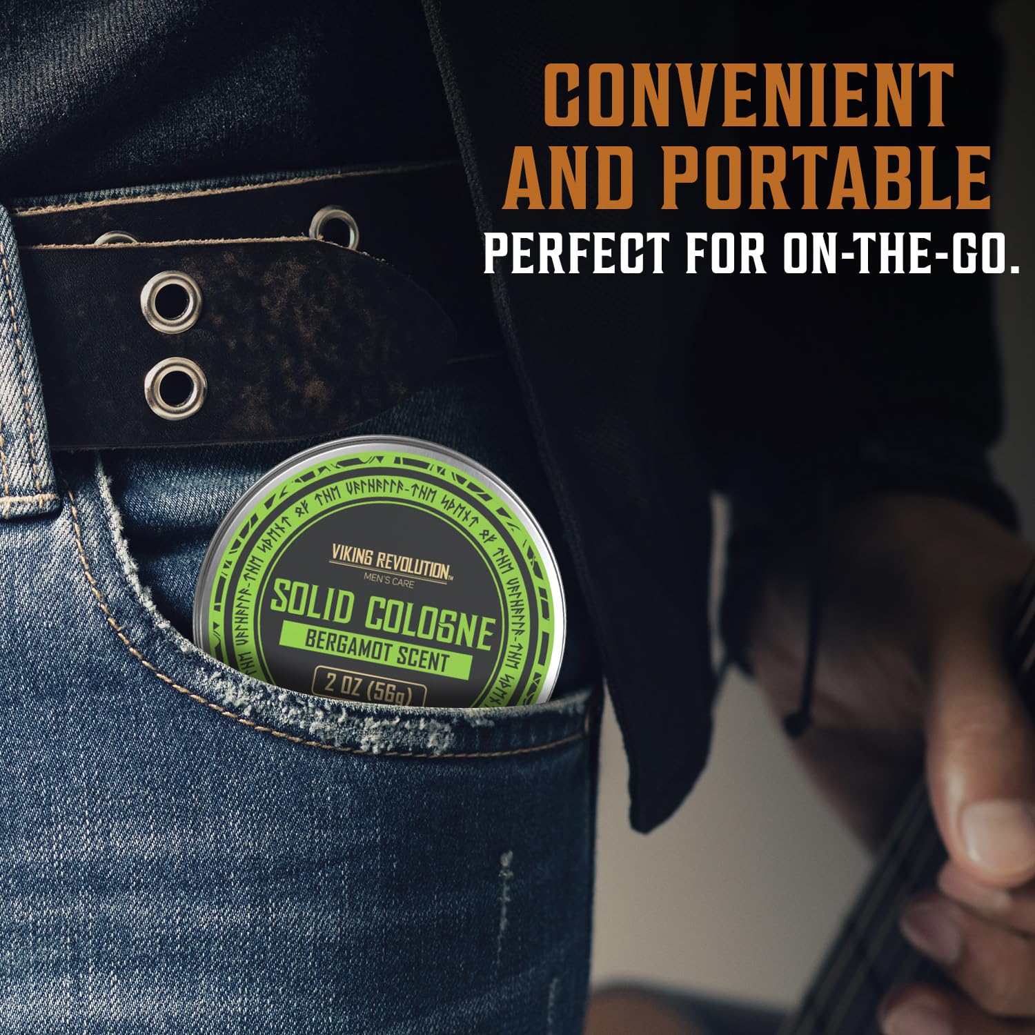 Viking Revolution bergamot solid cologne application shows easy scent touch-ups on skin.