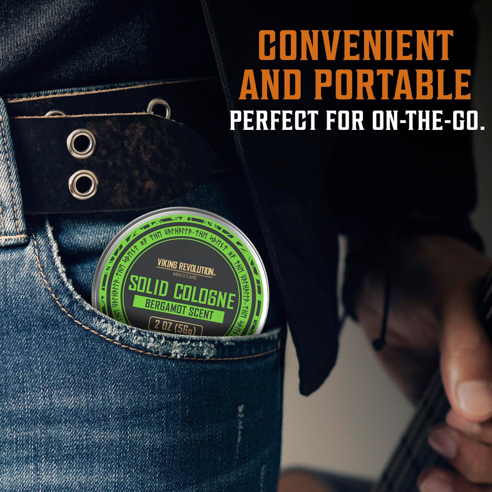 Viking Revolution bergamot solid cologne application shows easy scent touch-ups on skin.