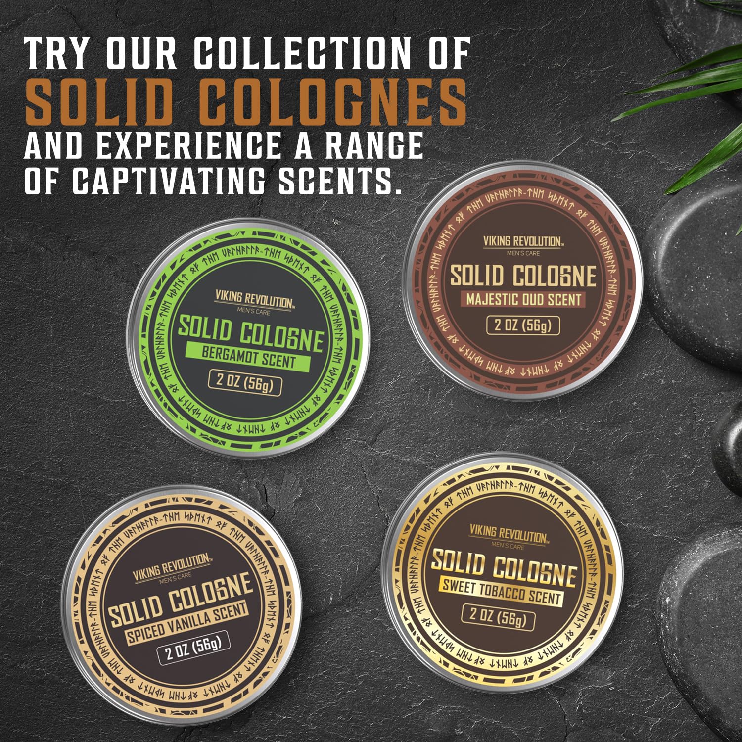 Viking Revolution bergamot solid cologne tin close-up showcasing branding and premium look.