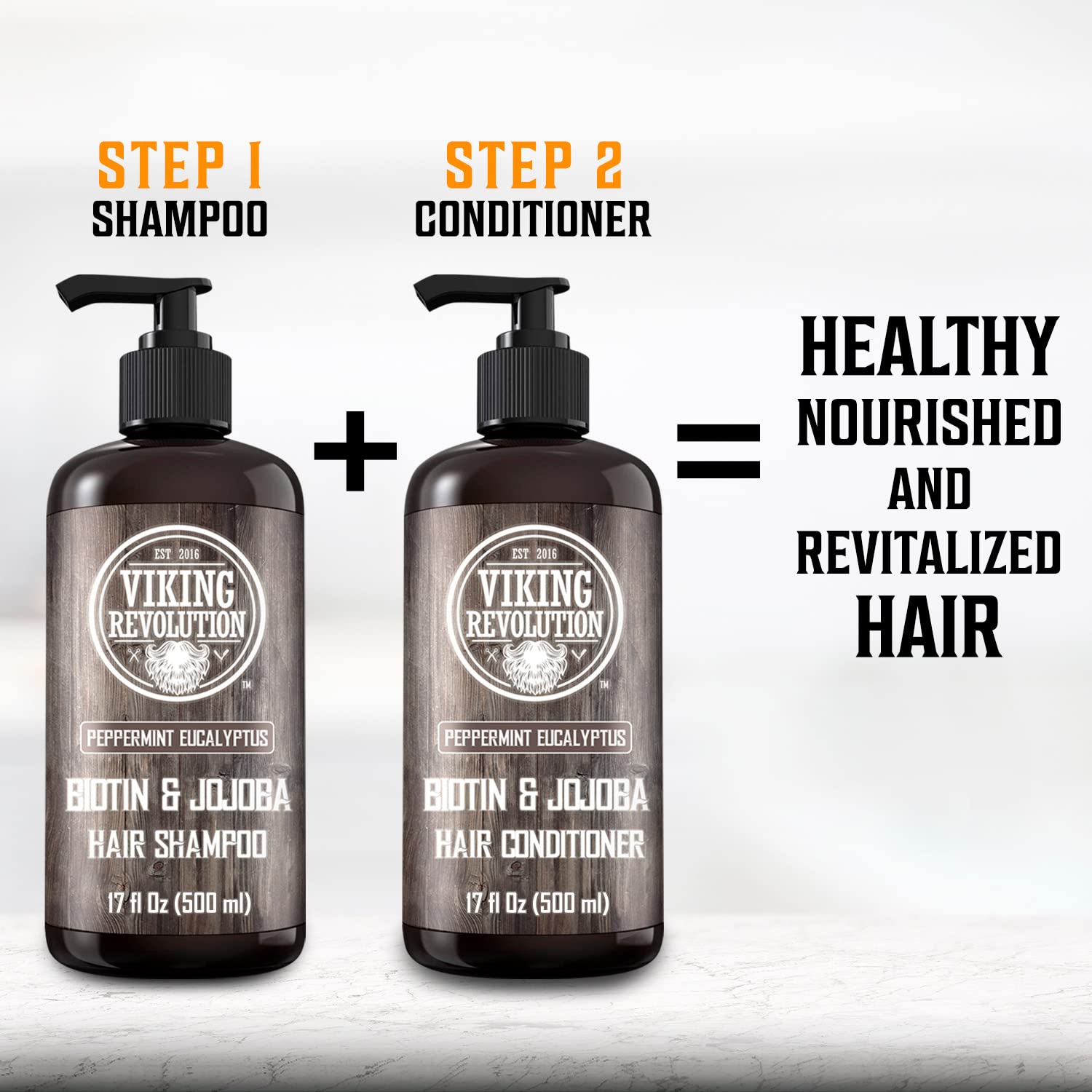 Viking Revolution Biotin Men’s Shampoo packaging featuring the 17 oz bottle and pump system