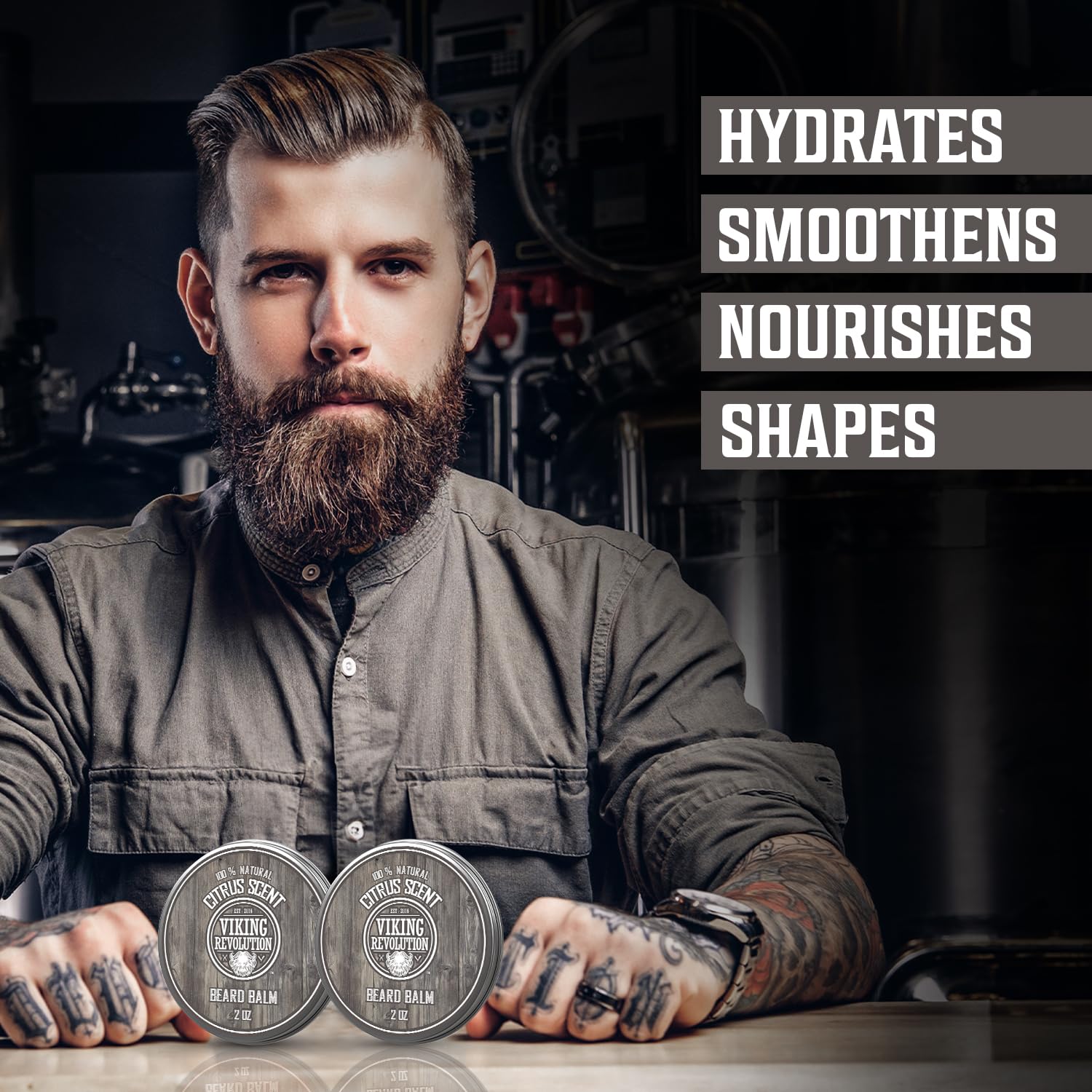 Viking Revolution Citrus Beard Balm application showing pea-sized amount for easy styling