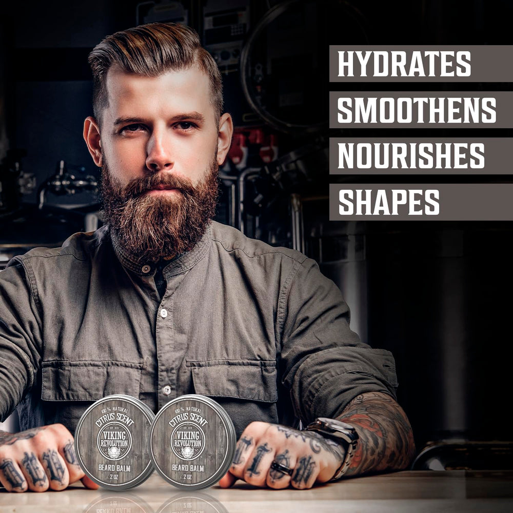 Viking Revolution Citrus Beard Balm application showing pea-sized amount for easy styling