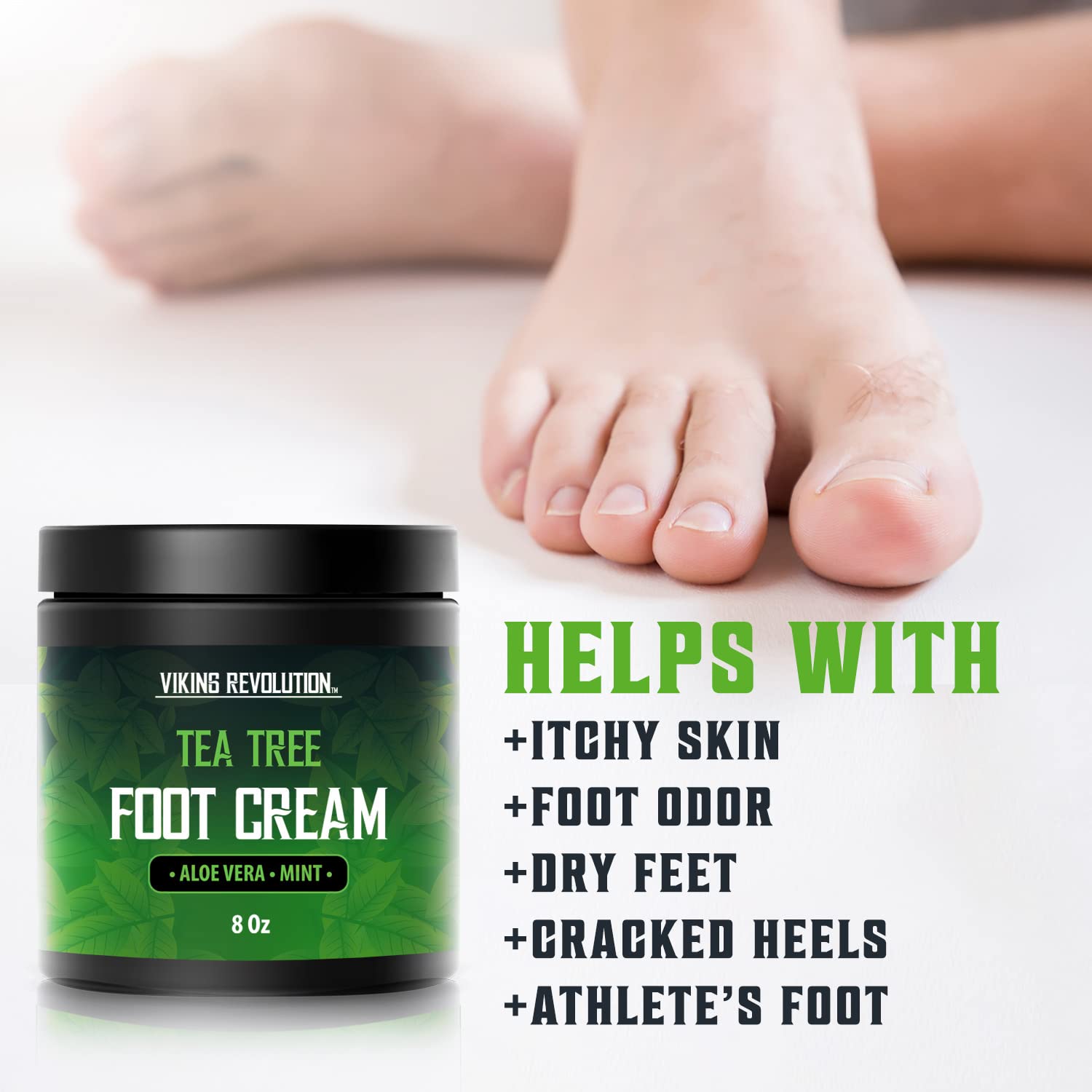 Closeup of massaging Viking Revolution foot cream on heel