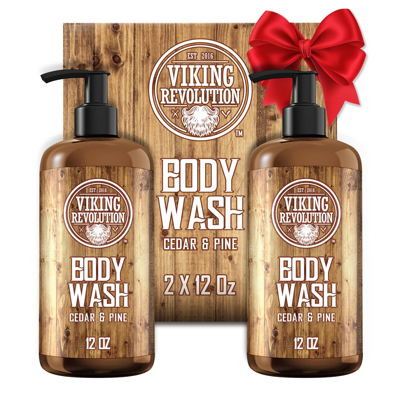 Viking Revolution cedar pine body wash bottle with pump for quick, convenient showers.