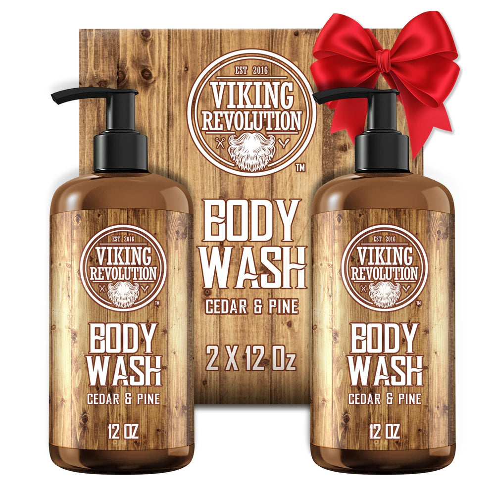 Viking Revolution cedar pine body wash bottle with pump for quick, convenient showers.