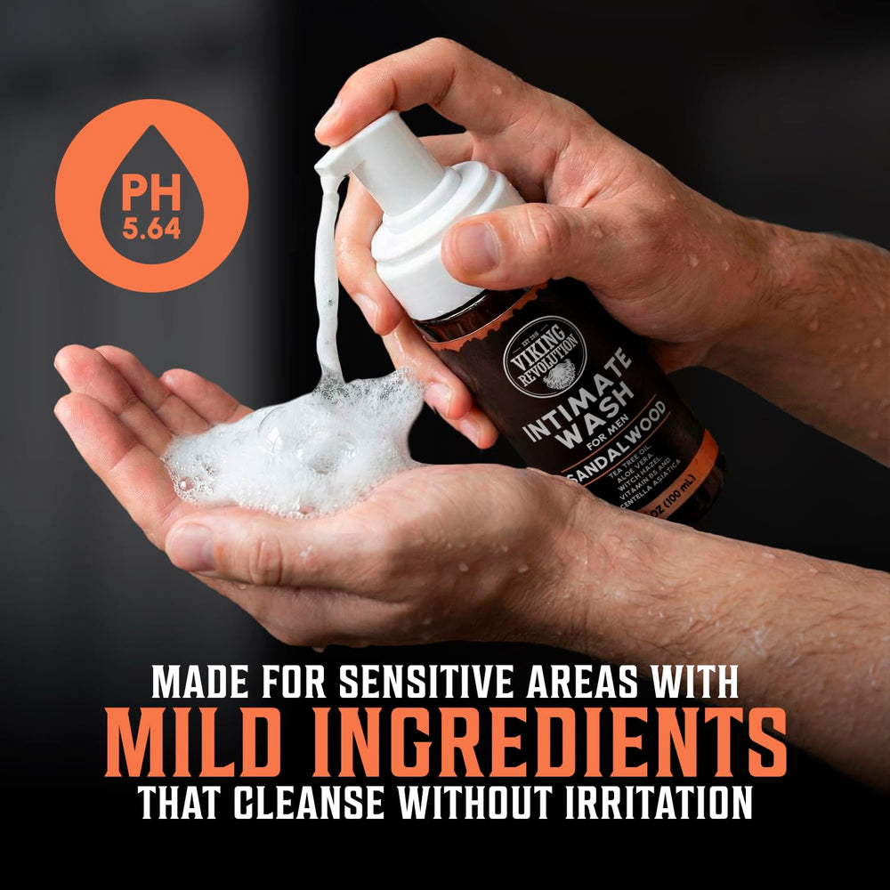 Viking Revolution mens intimate wash-aloe-vera bottle emphasizes soothing hydration.