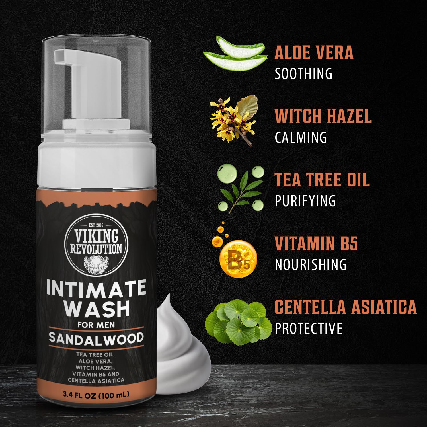 Viking Revolution mens intimate wash-tea-tree-oil bottle highlights natural cleansing aroma.