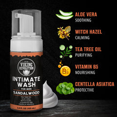 Viking Revolution mens intimate wash-tea-tree-oil bottle highlights natural cleansing aroma.