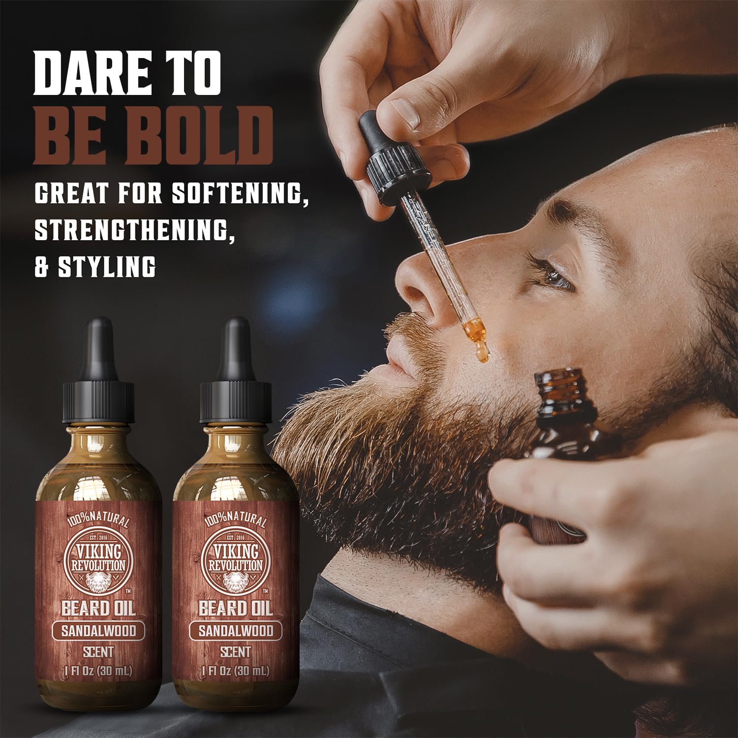Viking Revolution sandalwood beard oil 2-pack bottle back highlights natural ingredient blend