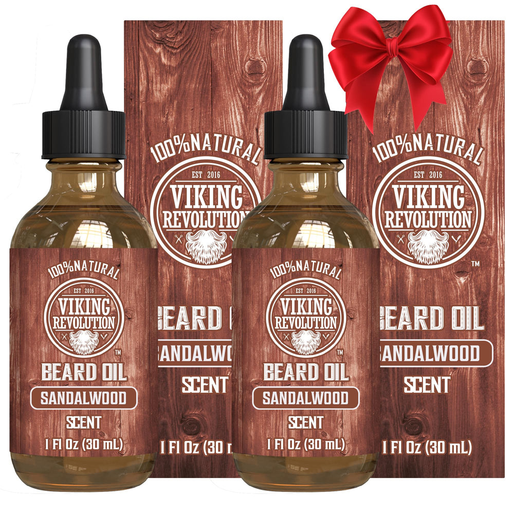 Viking Revolution sandalwood beard oil 2-pack bottle front for nourished, fragrant facial hair