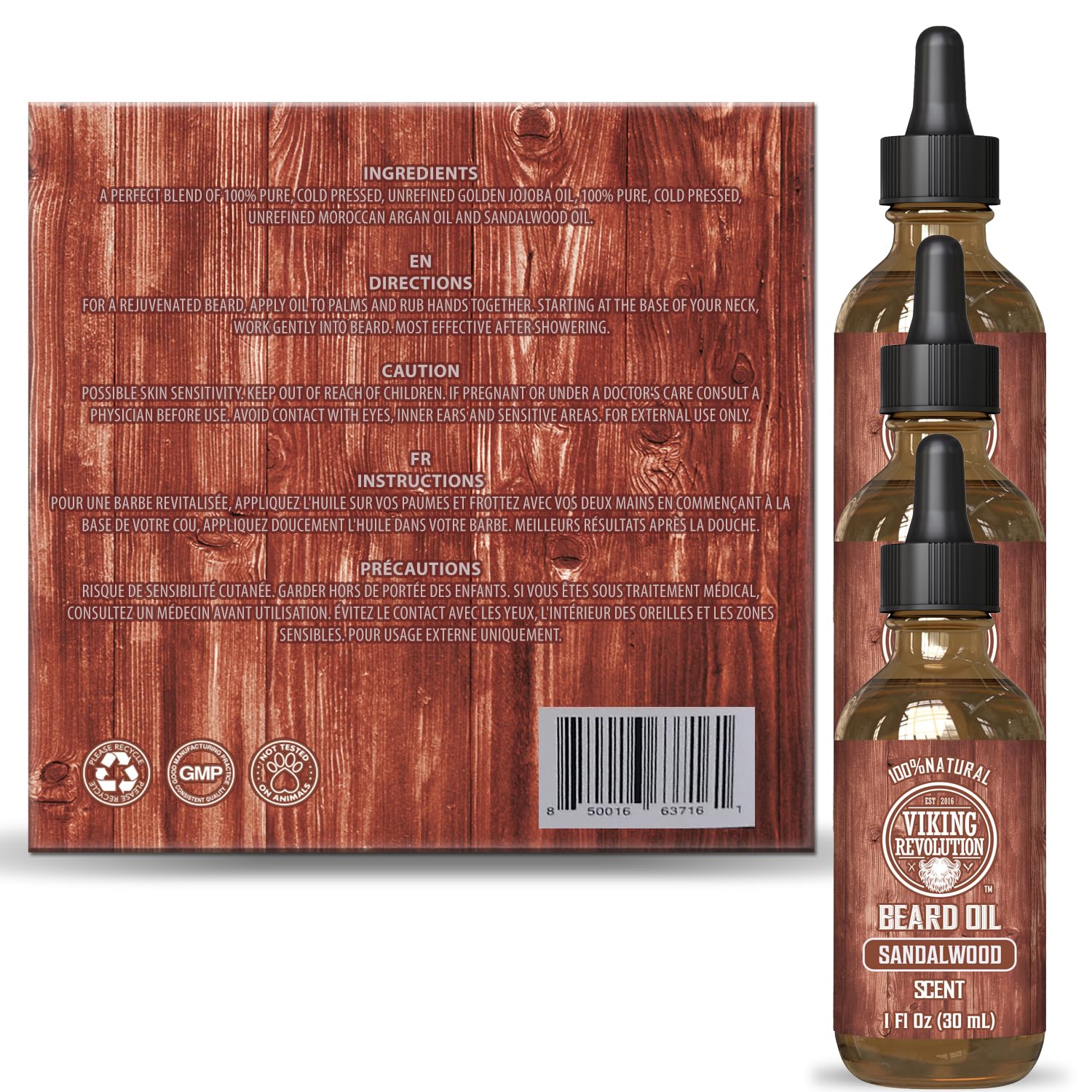 Viking Revolution sandalwood beard oil bottle on wood surface with natural look