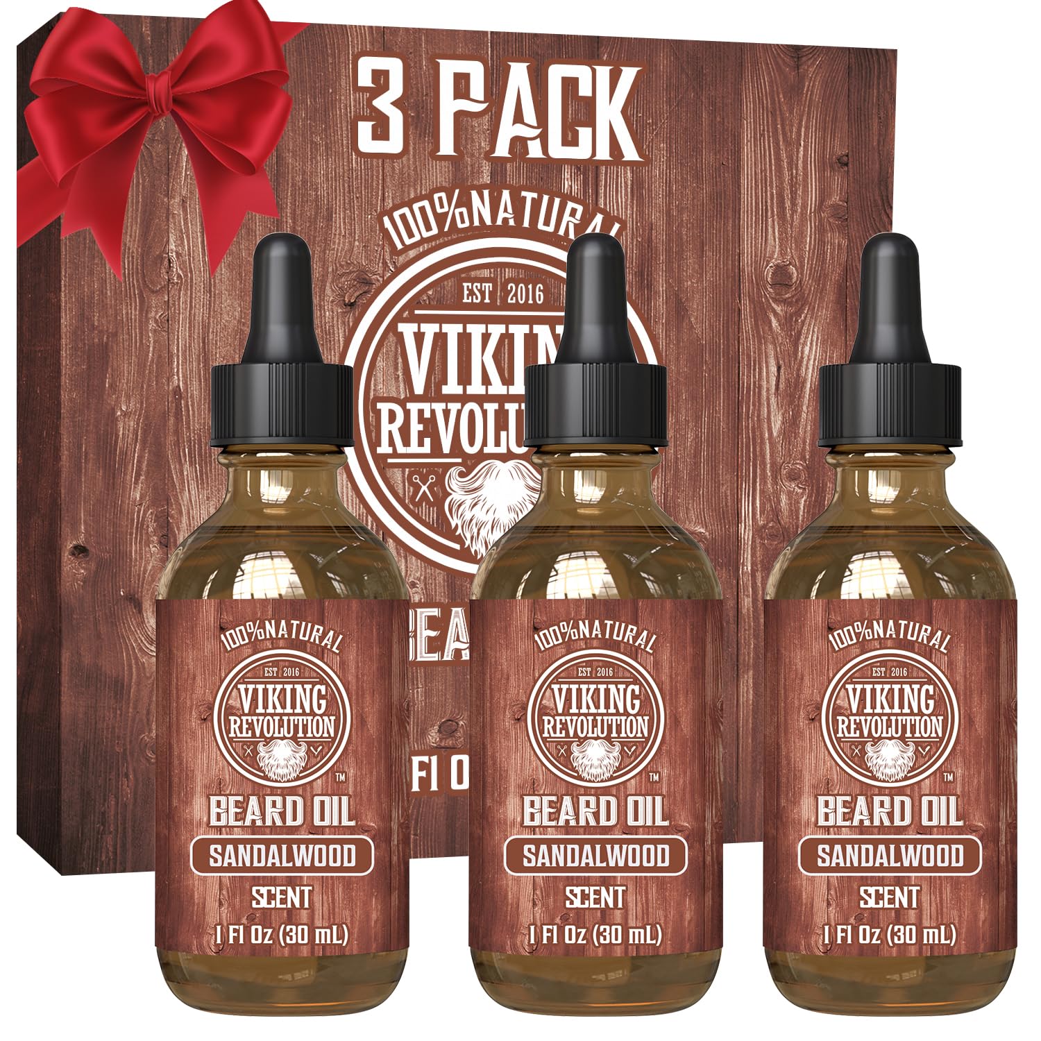Viking Revolution sandalwood beard oil bottle front for softer, more manageable facial hair
