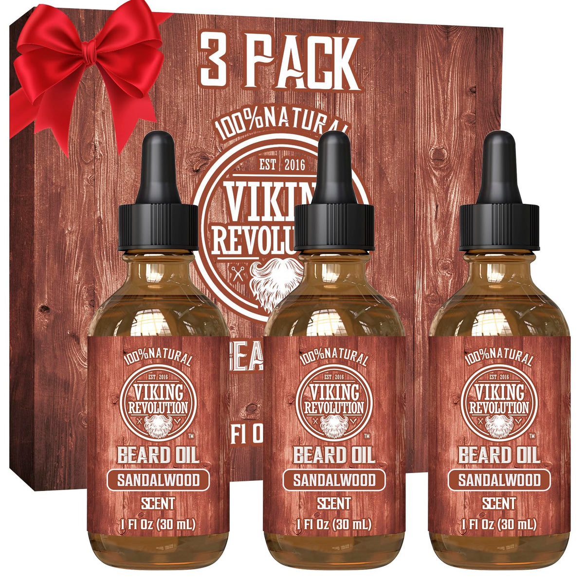 Viking Revolution sandalwood beard oil bottle front for softer, more manageable facial hair