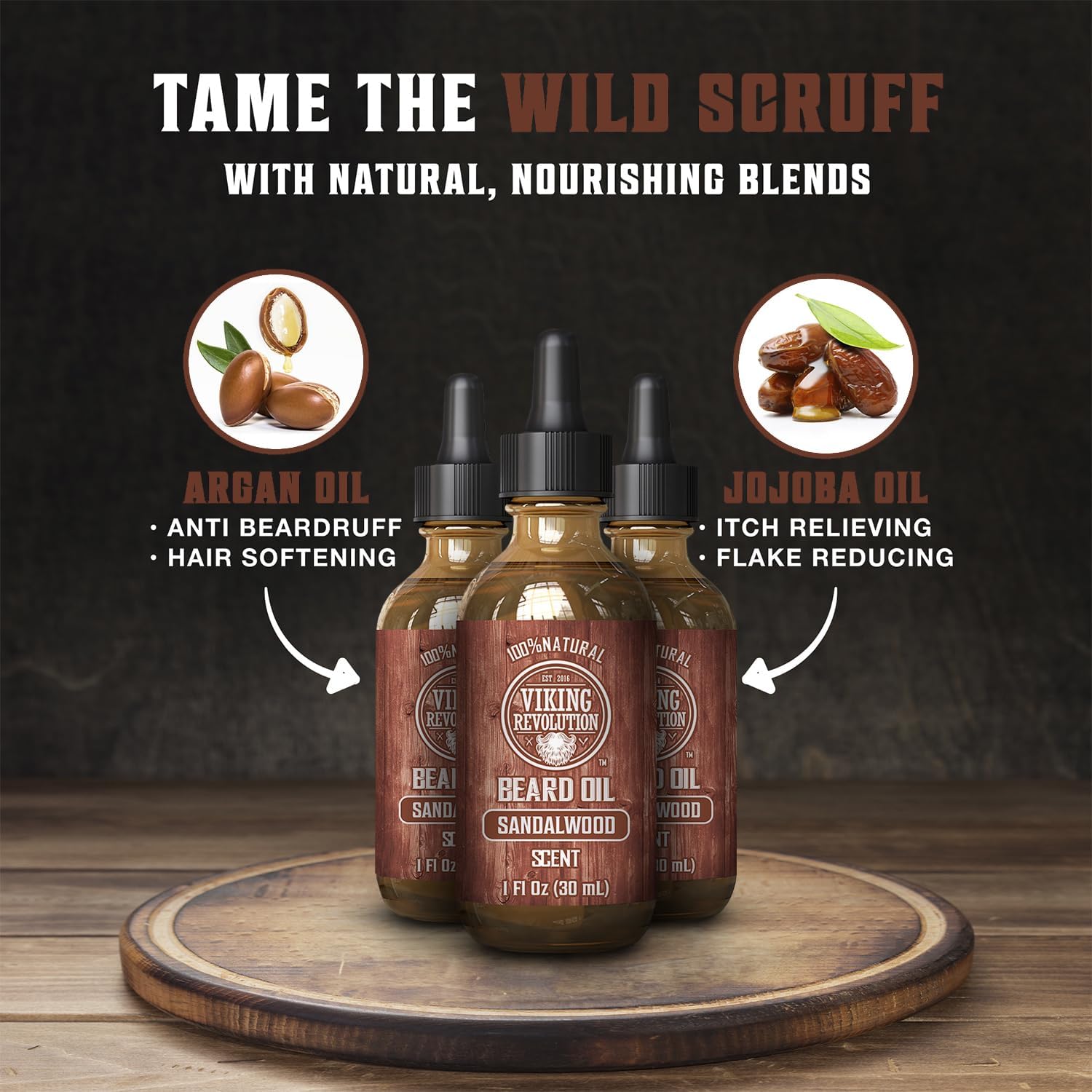 Viking Revolution sandalwood beard oil drops being applied for daily conditioning