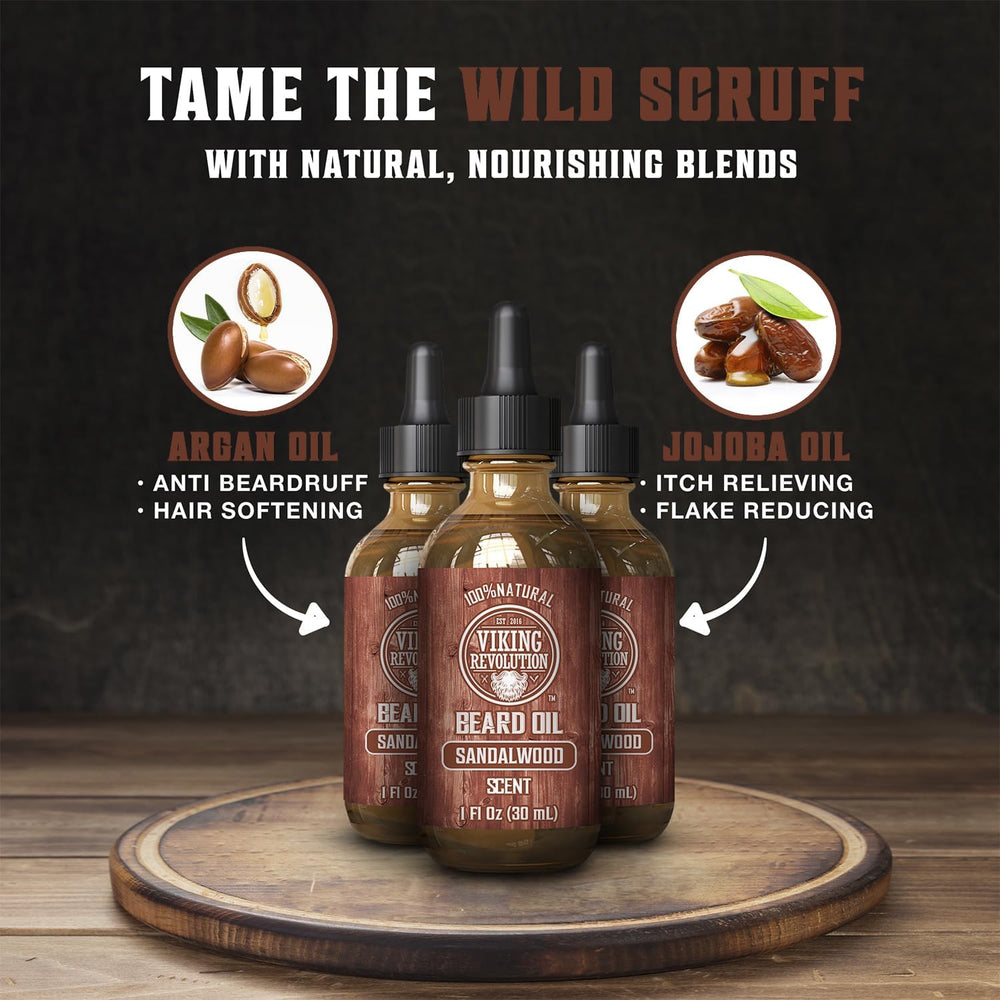 Viking Revolution sandalwood beard oil drops being applied for daily conditioning