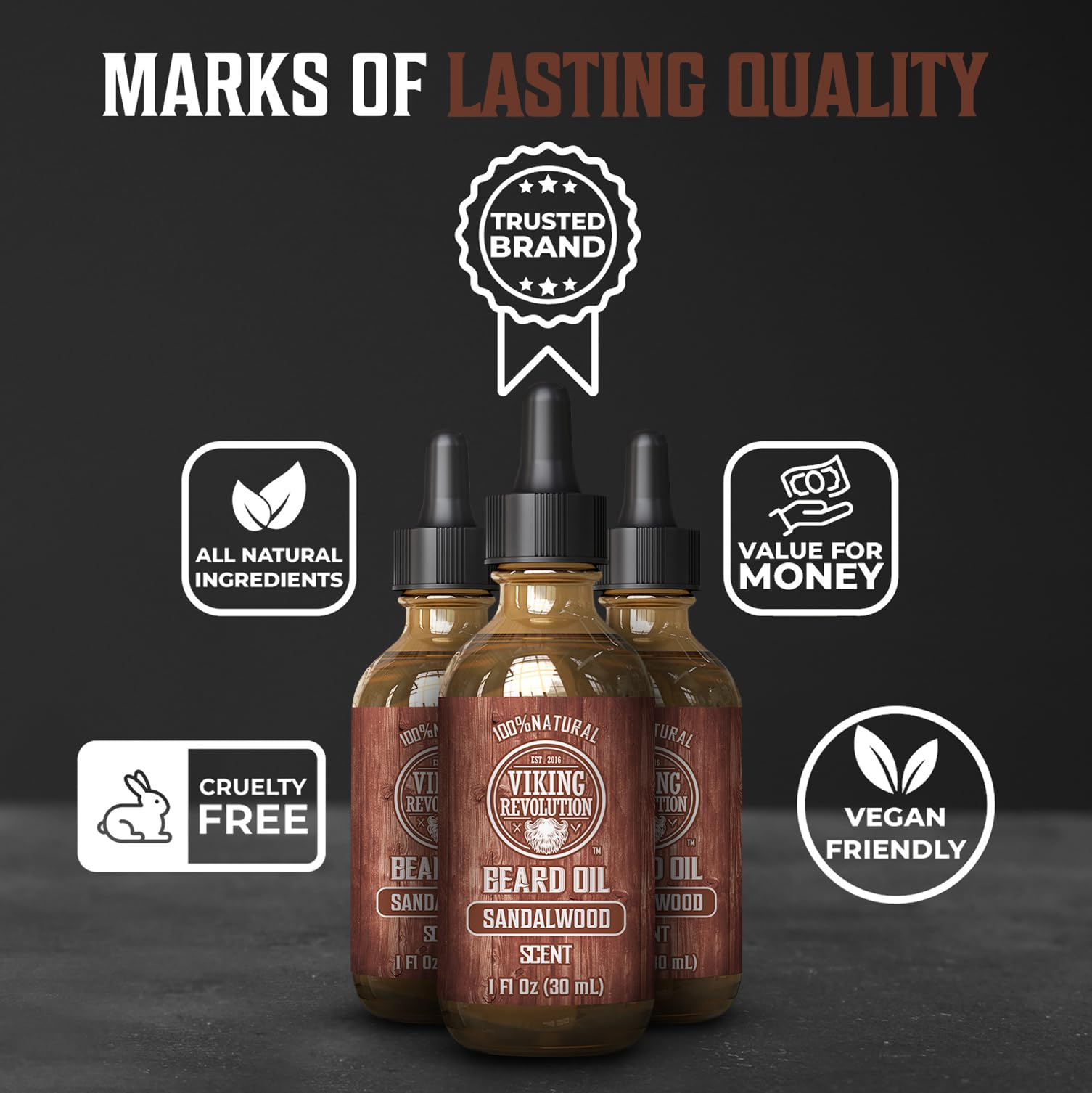 Viking Revolution sandalwood beard oil 3-pack packaging showing value and convenience
