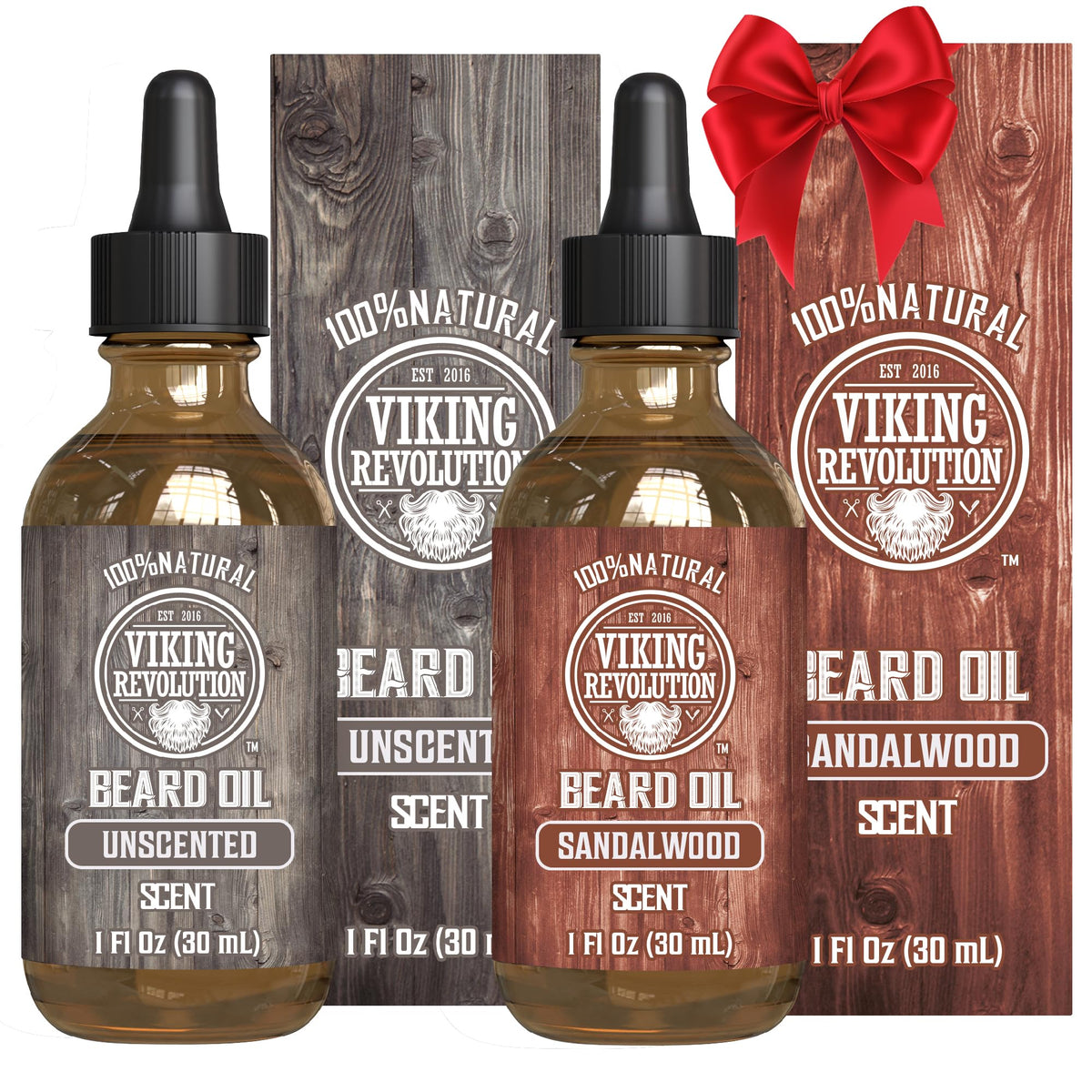 Viking Revolution sandalwood beard oil bottle pour showing a conditioning glide for softer beards.