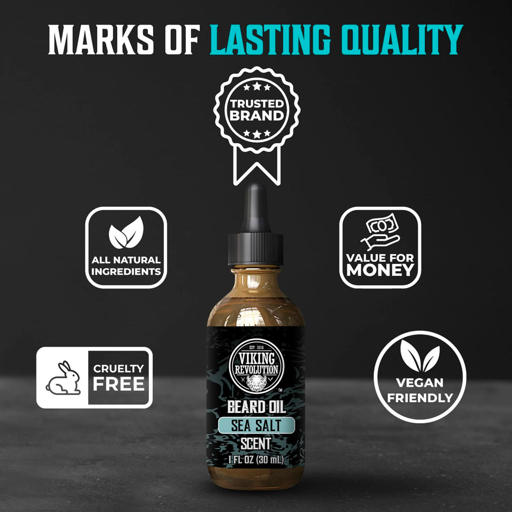 Viking Revolution Sea Salt Beard Oil application scene suggests easy daily use for smoother beard.