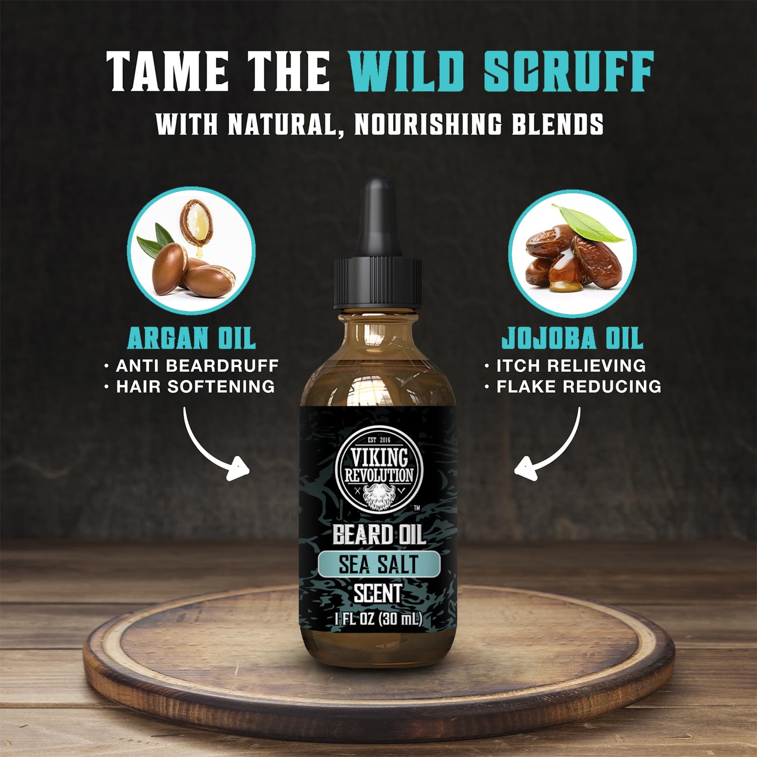 Viking Revolution Sea Salt Beard Oil label highlights premium argan and jojoba blend.