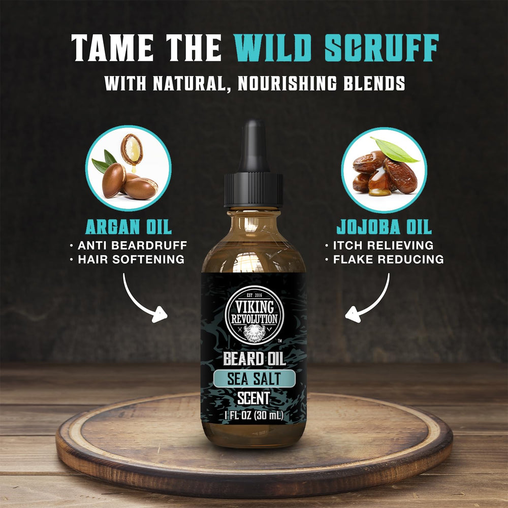 Viking Revolution Sea Salt Beard Oil label highlights premium argan and jojoba blend.