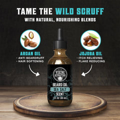 Viking Revolution Sea Salt Beard Oil label highlights premium argan and jojoba blend.