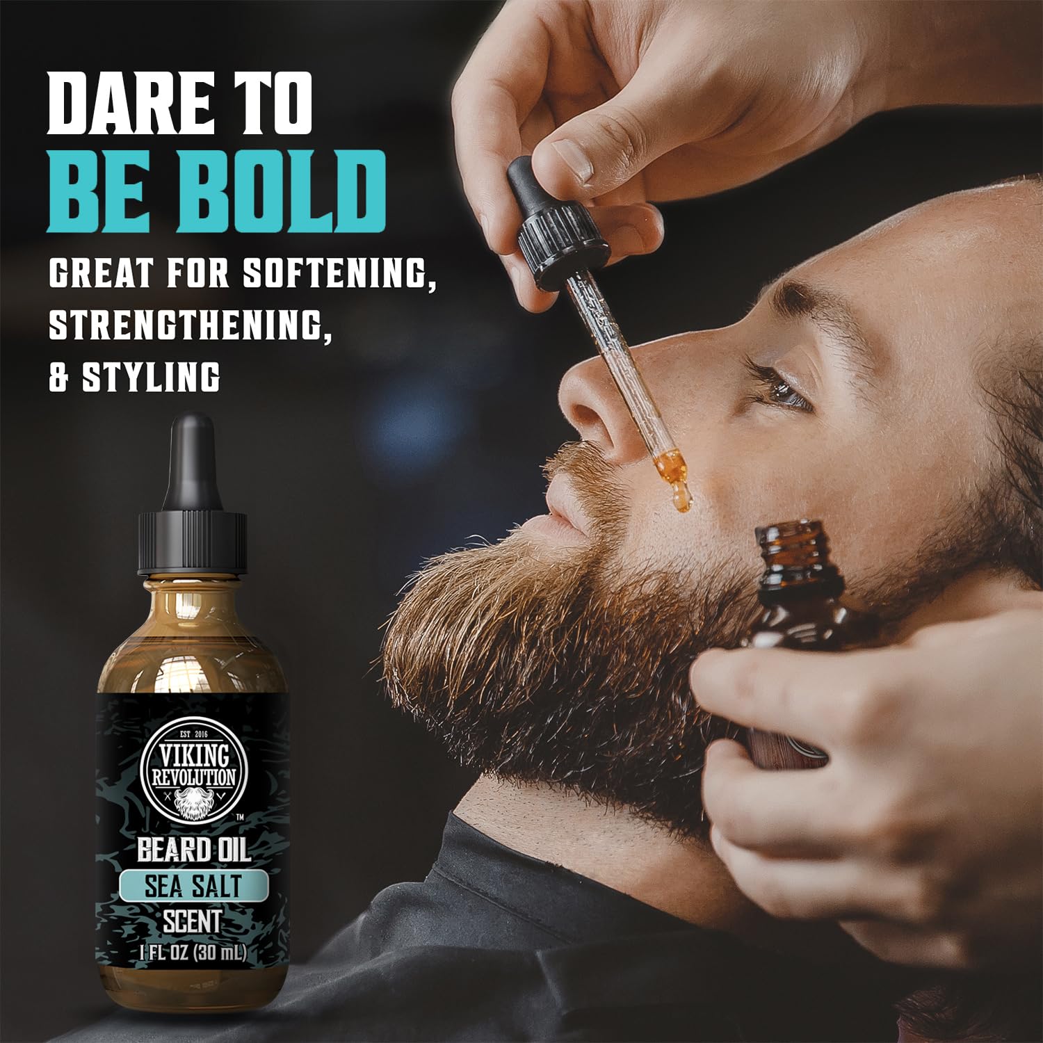 Viking Revolution Sea Salt Beard Oil pour demonstrates quick nourishment for dry patches.
