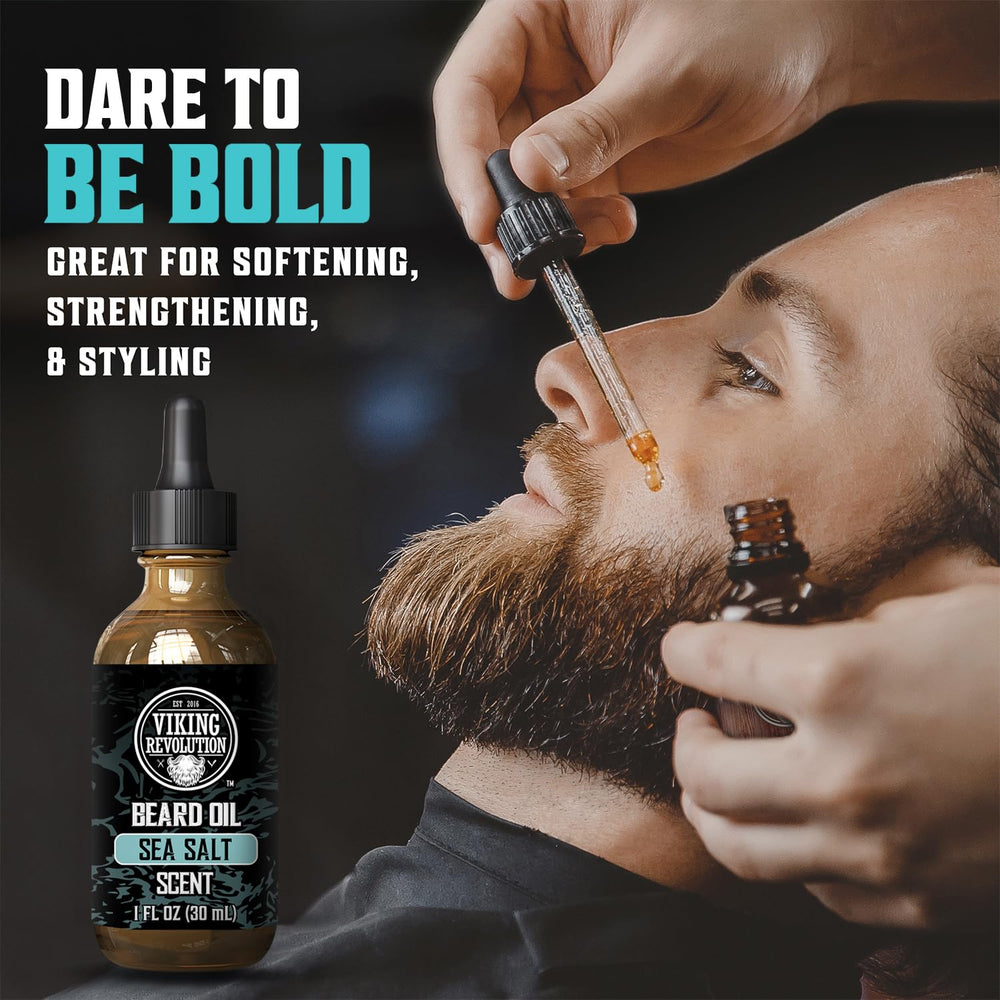 Viking Revolution Sea Salt Beard Oil pour demonstrates quick nourishment for dry patches.