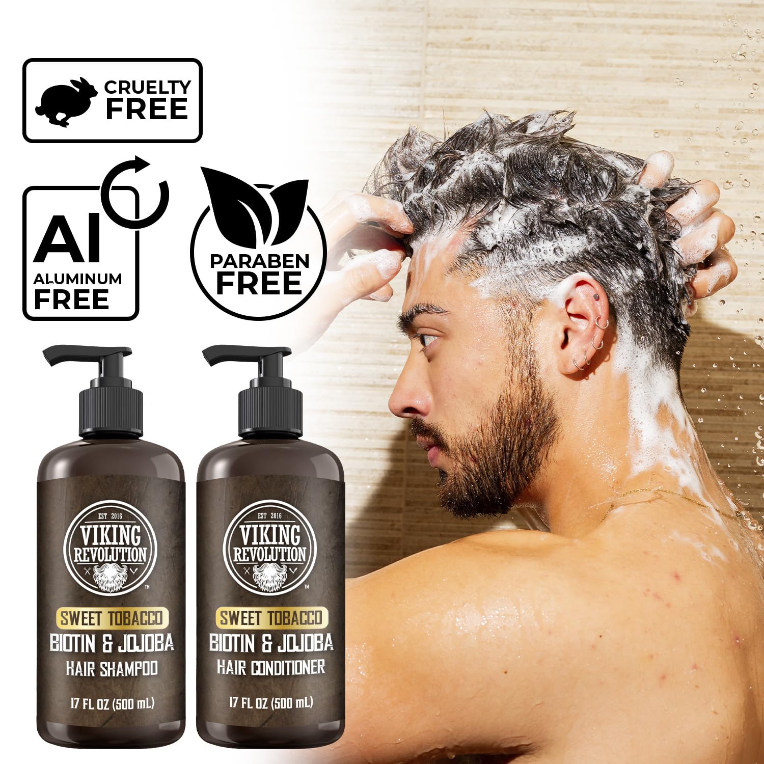 Viking Revolution product in shower scene suggests refreshing aroma and quick routine.