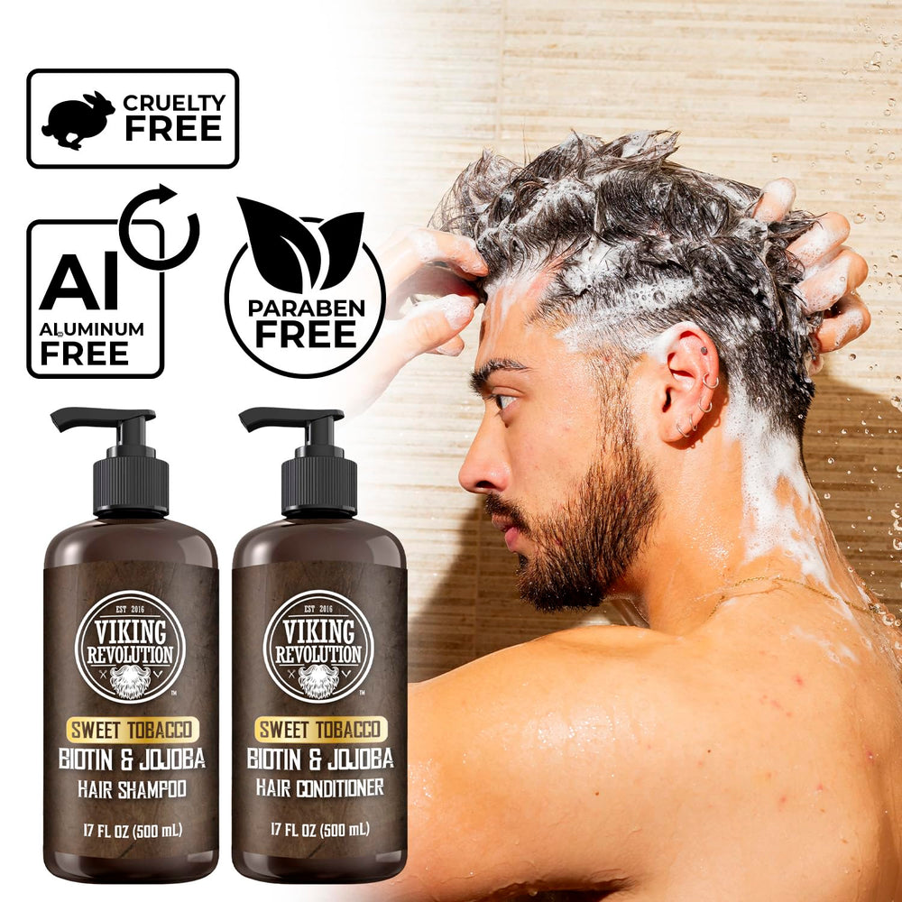 Viking Revolution product in shower scene suggests refreshing aroma and quick routine.
