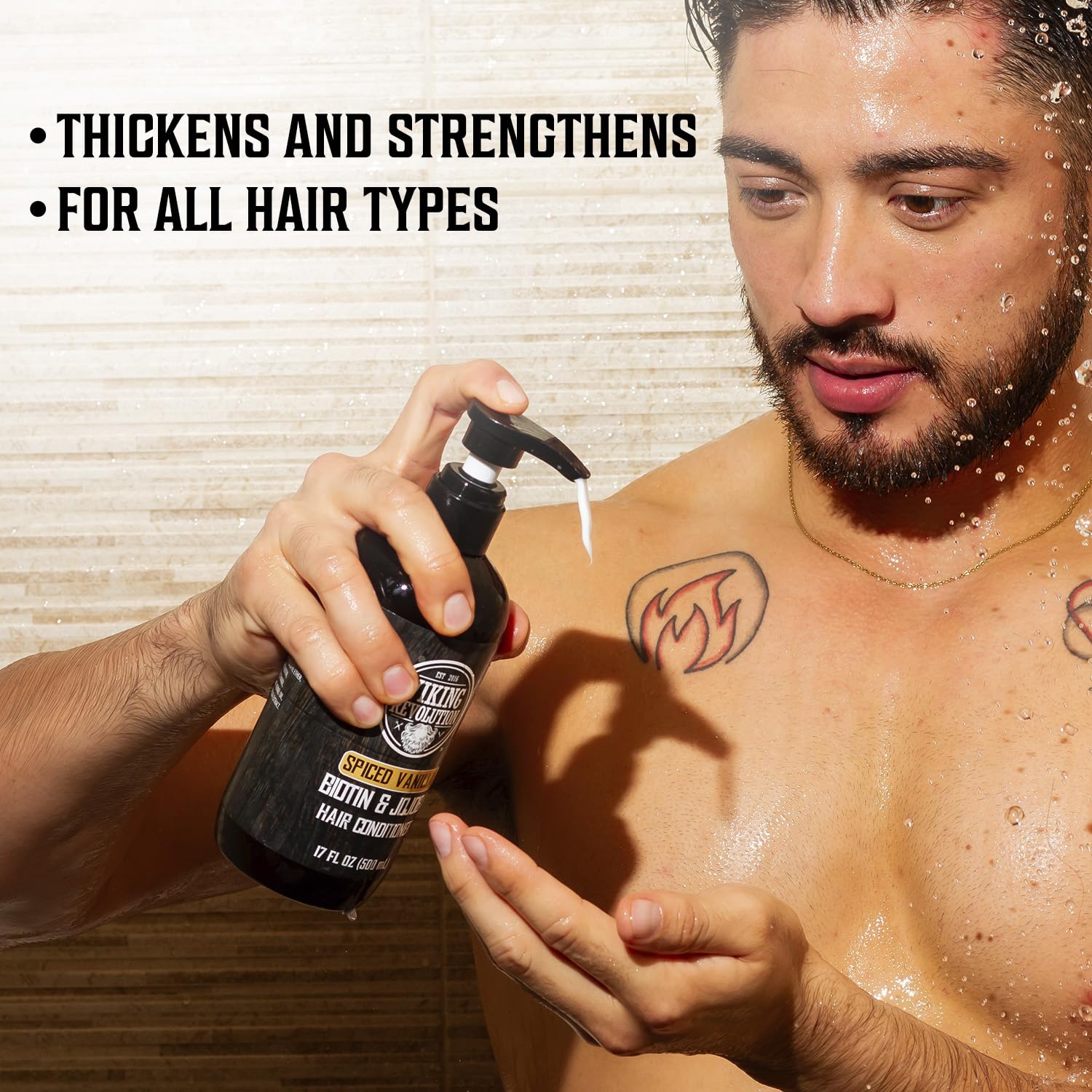 Viking Revolution Sweet Tobacco conditioner bottle promotes smooth, manageable hair with biotin.