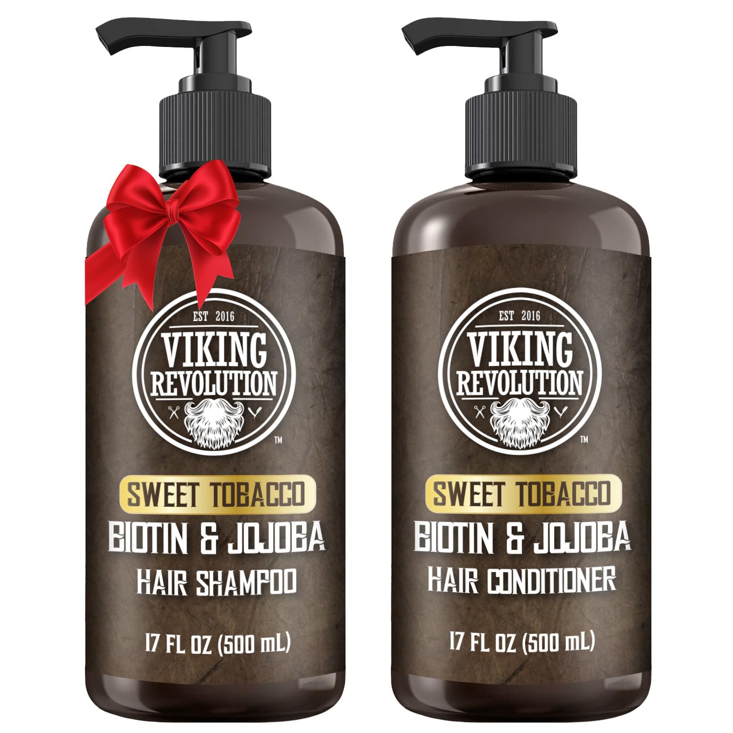 Viking Revolution Sweet Tobacco shampoo bottle highlights moisturizing formula for refreshed hair.