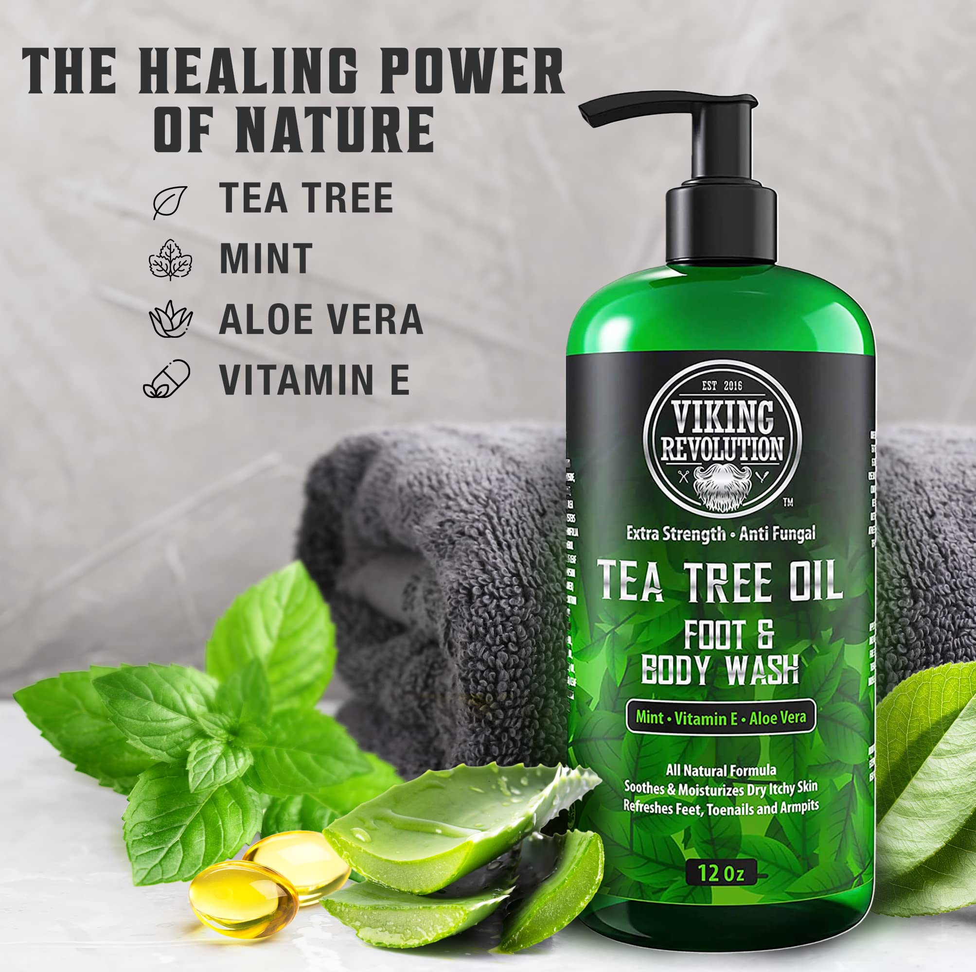 Viking Revolution Tea Tree Body Wash bottle with refreshing cleansing benefits.
