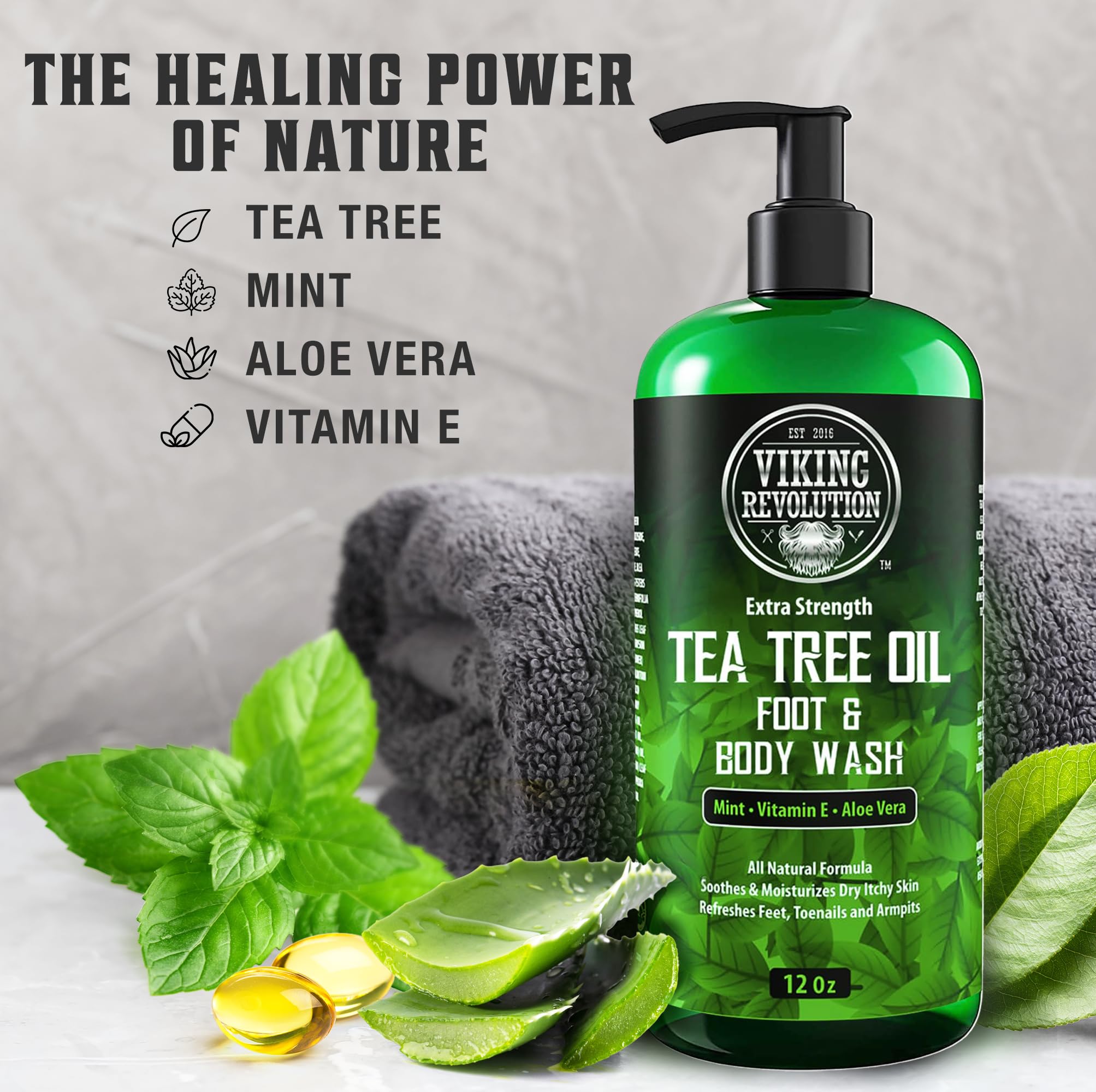 Viking Revolution Tea Tree Body Wash foam demonstrates fast cleanse during workouts.