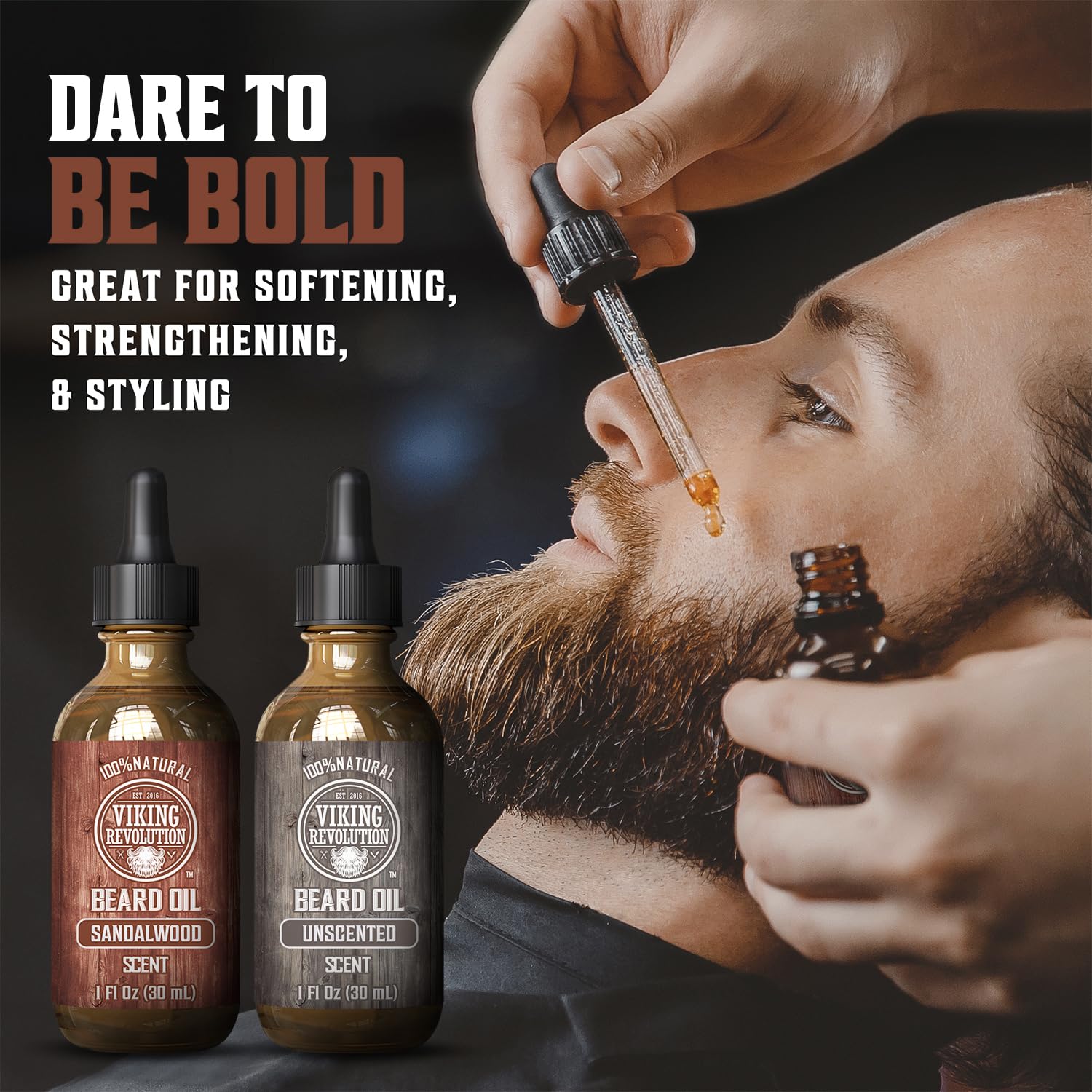 Viking Revolution unscented beard oil bottle demonstrates fragrance-free grooming for a balanced routine.