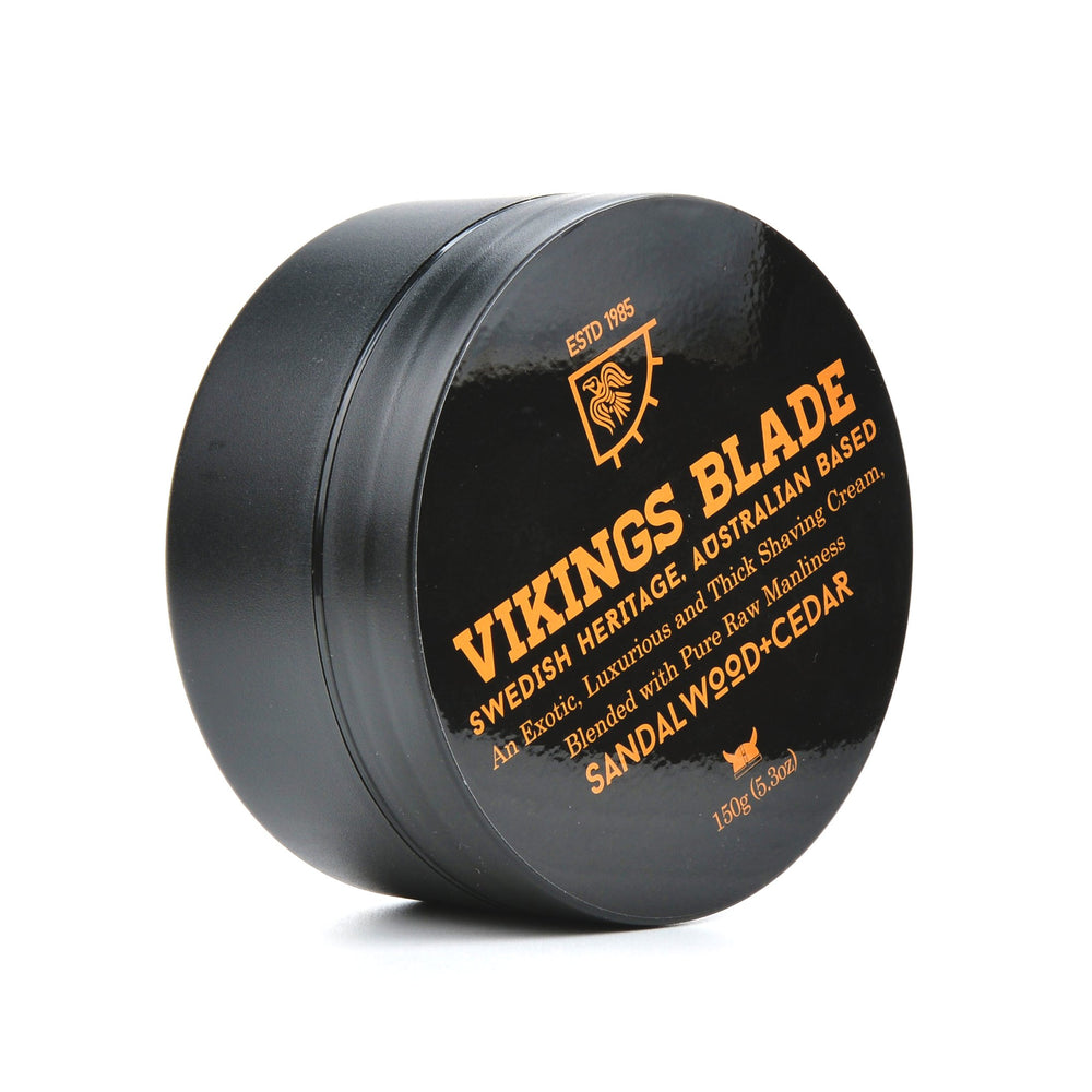 VIKINGS BLADE cream bottle highlighting sandalwood and cedar scent for a refined shave