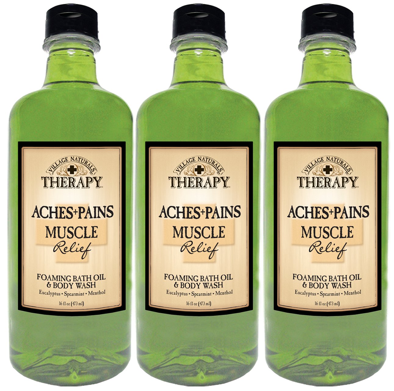 Village Naturals Therapy bottle front highlighting muscle relief bath oil for tub use.