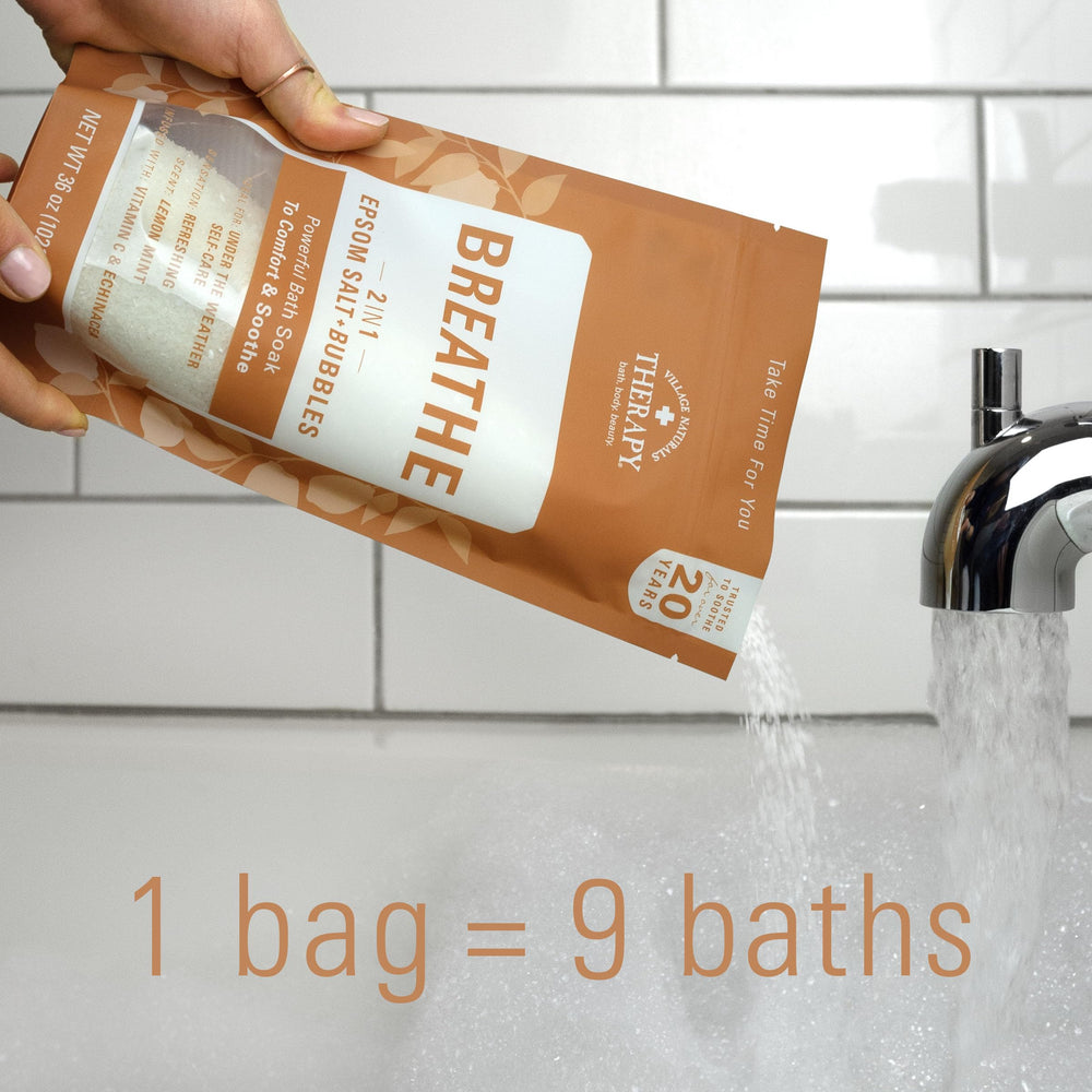 Village Naturals Therapy Breathe bath salts and Epsom salts for mineral-rich pampering