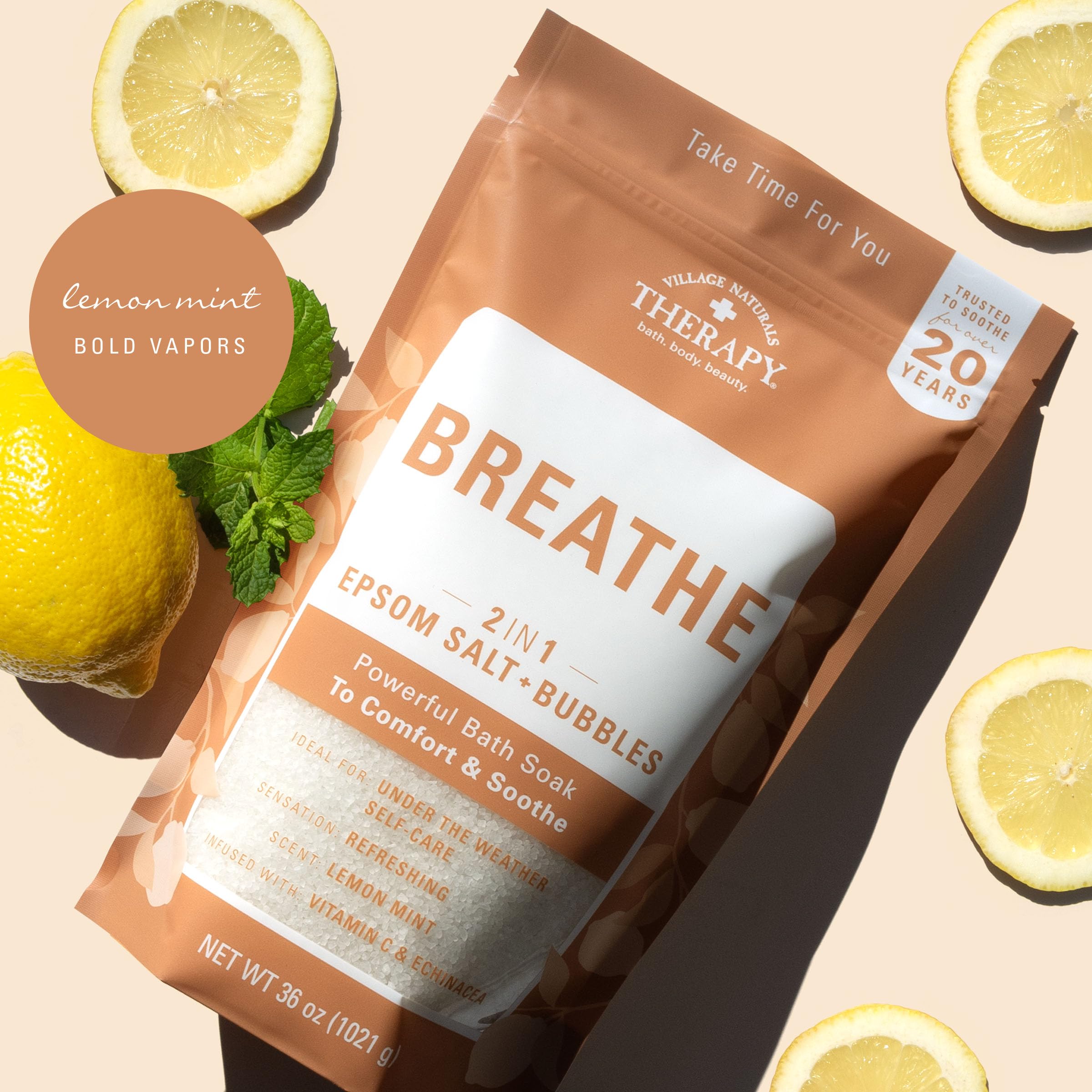 Village Naturals Therapy Breathe ingredients including Echinacea and Ginger for revitalizing soak