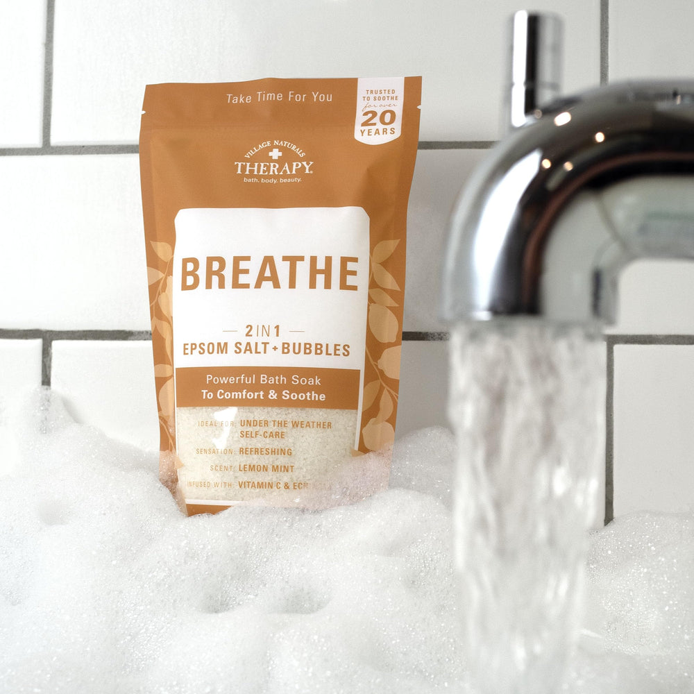 Village Naturals Therapy Breathe packaging highlighting USA-made and cruelty-free quality