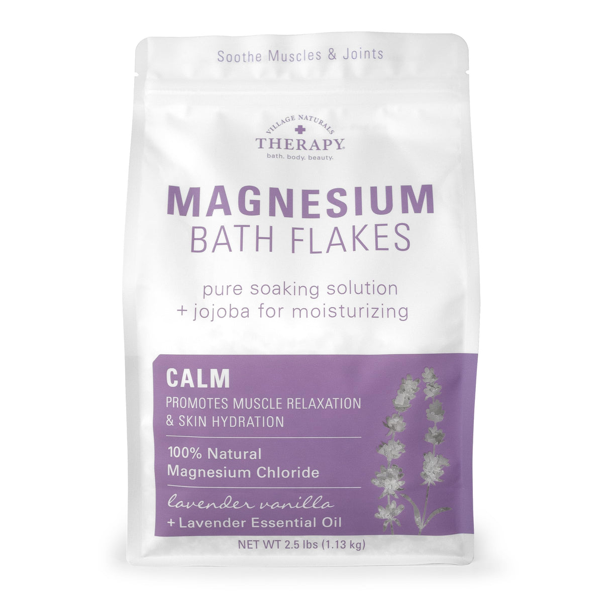 Village Naturals Therapy Calm Magnesium Bath Flakes pour into tub for a relaxing soak.