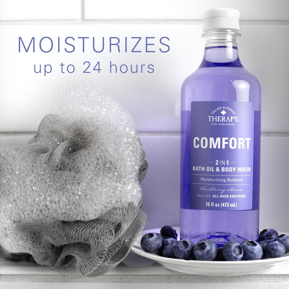Tub filled with Village Naturals Therapy Comfort 2-in-1 for a calming soak.