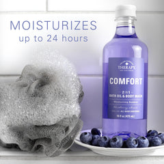 Tub filled with Village Naturals Therapy Comfort 2-in-1 for a calming soak.