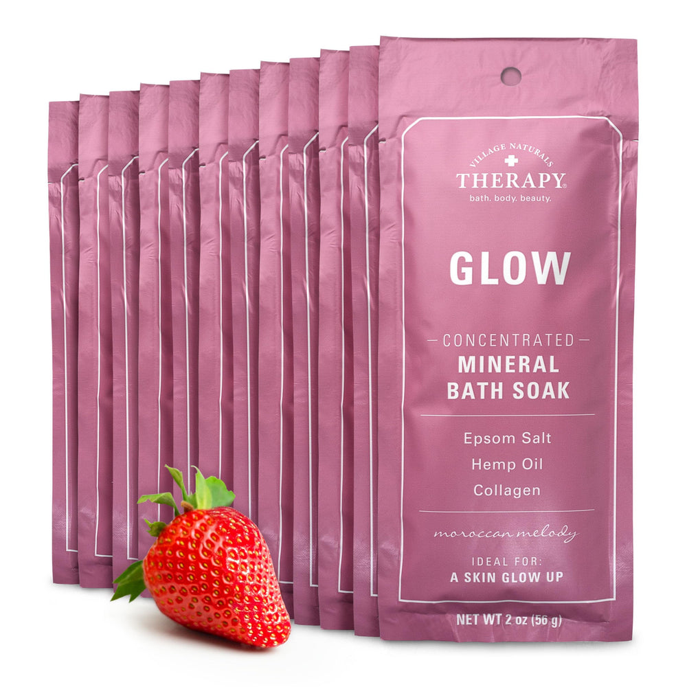 Village Naturals Therapy Glow mineral bath soak bottle pour with Moroccan Melody scent for relaxation