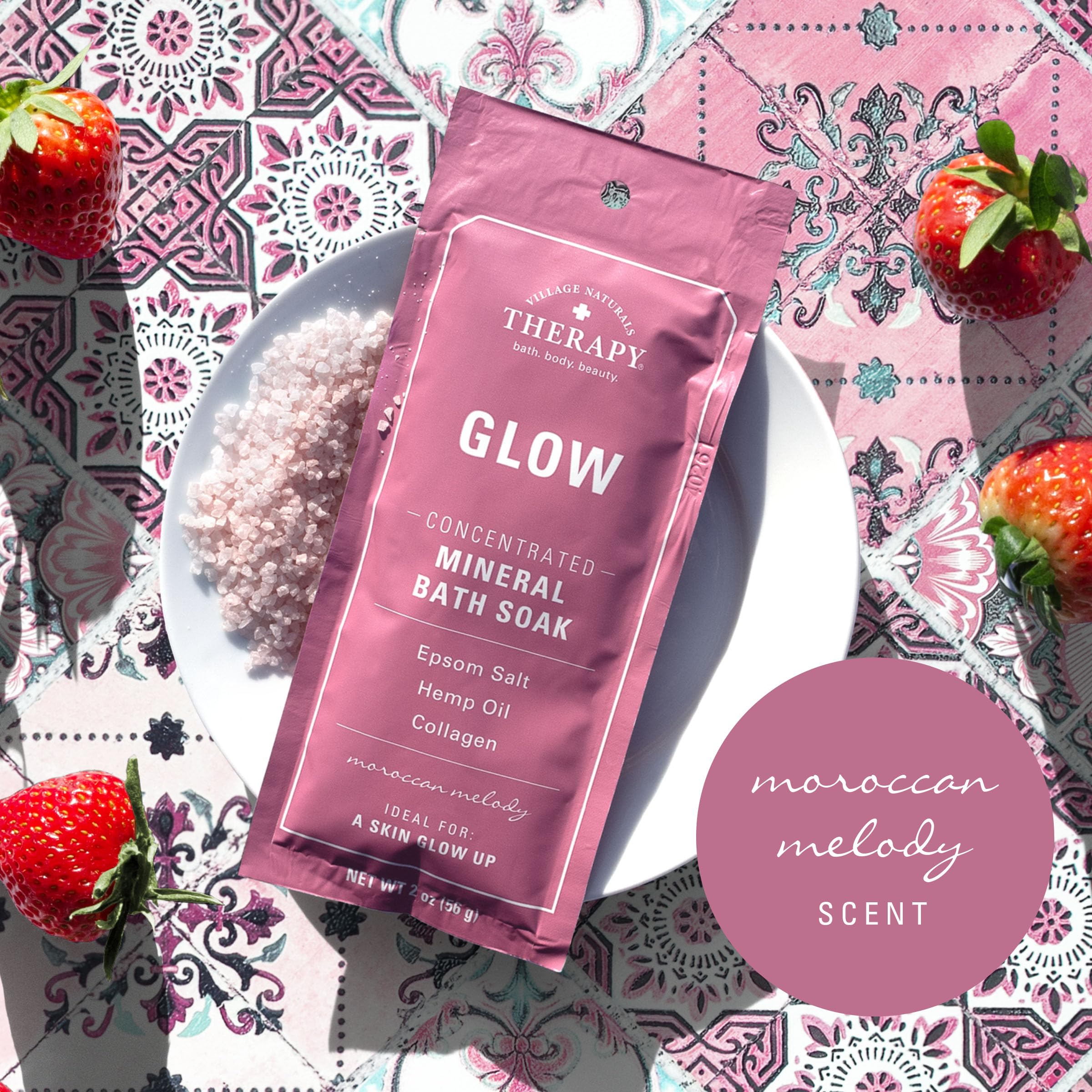 Village Naturals Therapy Glow label closeup highlights Epsom salt and hemp oil ingredients