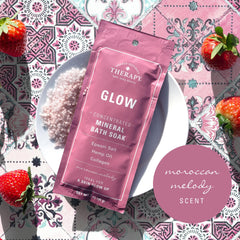 Village Naturals Therapy Glow label closeup highlights Epsom salt and hemp oil ingredients
