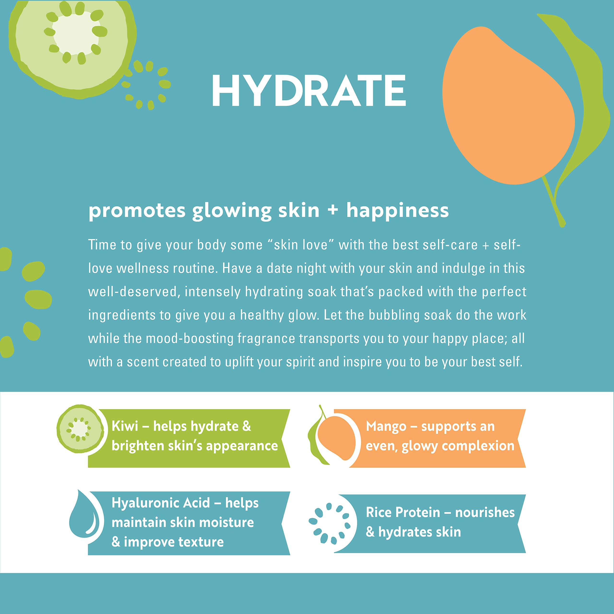 Hydrate foaming bath soak two-bottle pack on a bathroom shelf