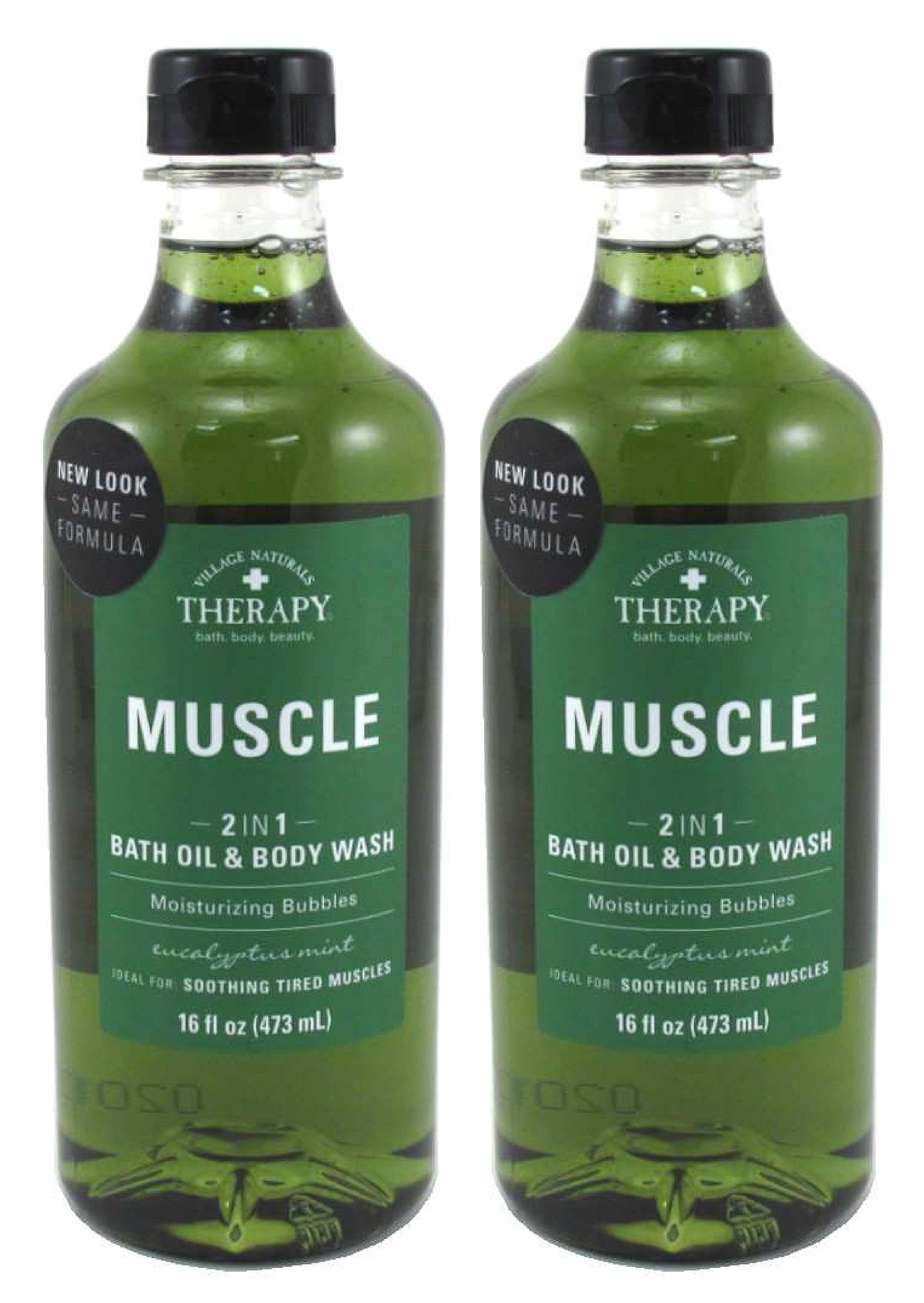 Village Naturals Therapy muscle-relief bath scene suggests post-workout relaxation.