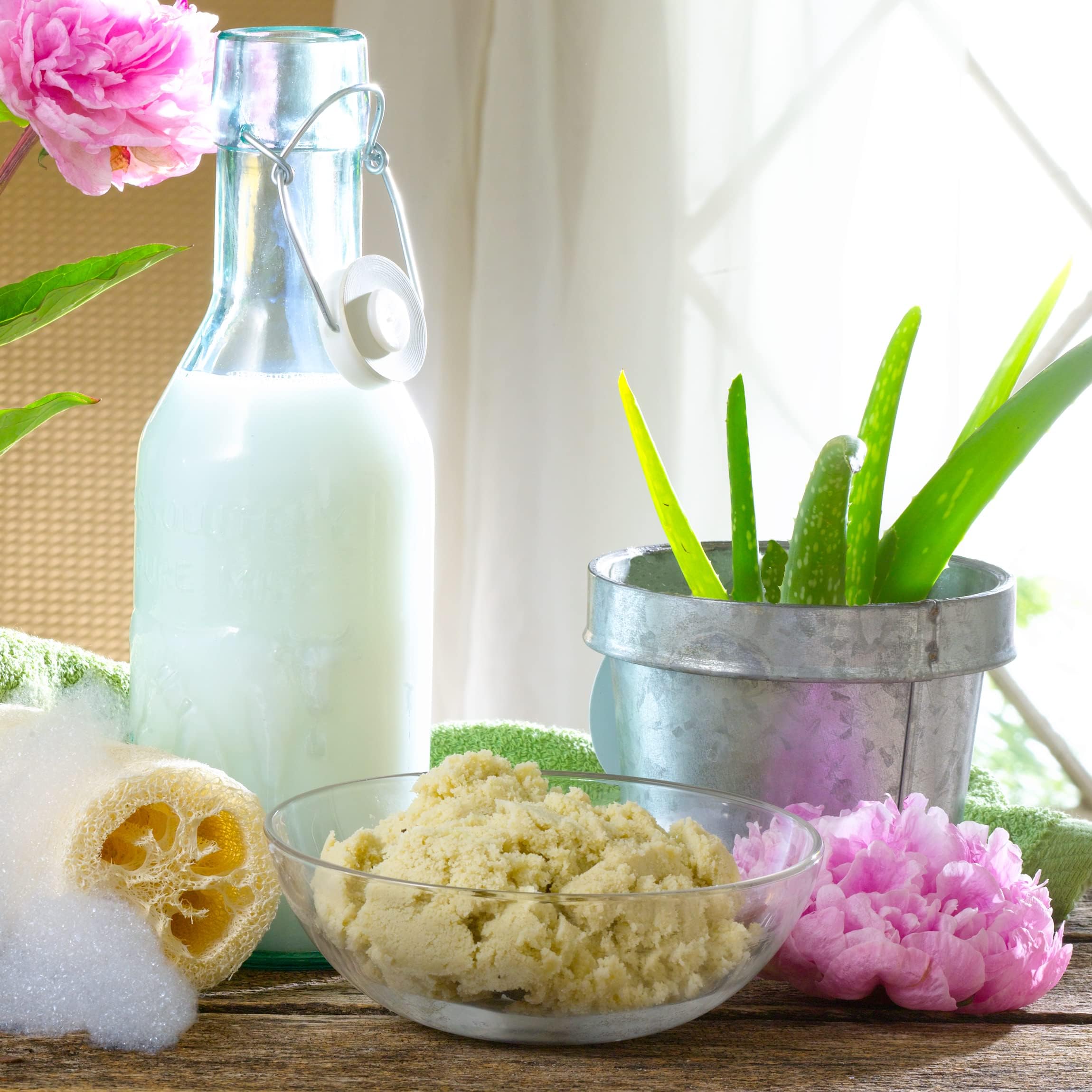 Milk protein and shea butter in Village Naturals Bath Shoppe give silky skin