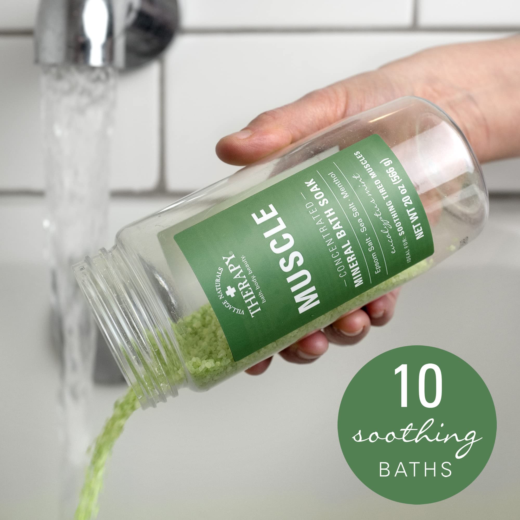 Water infused with eucalyptus mint from Village Naturals Therapy Muscle Bath Soak