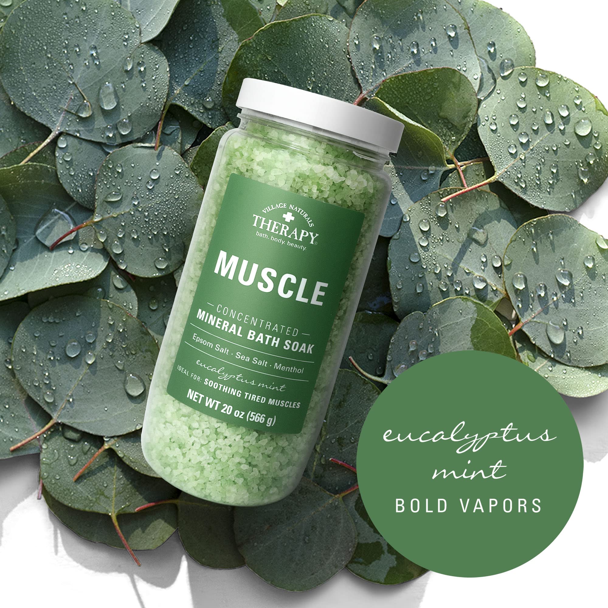 USA-made Village Naturals Therapy Muscle Bath Soak label on bottle